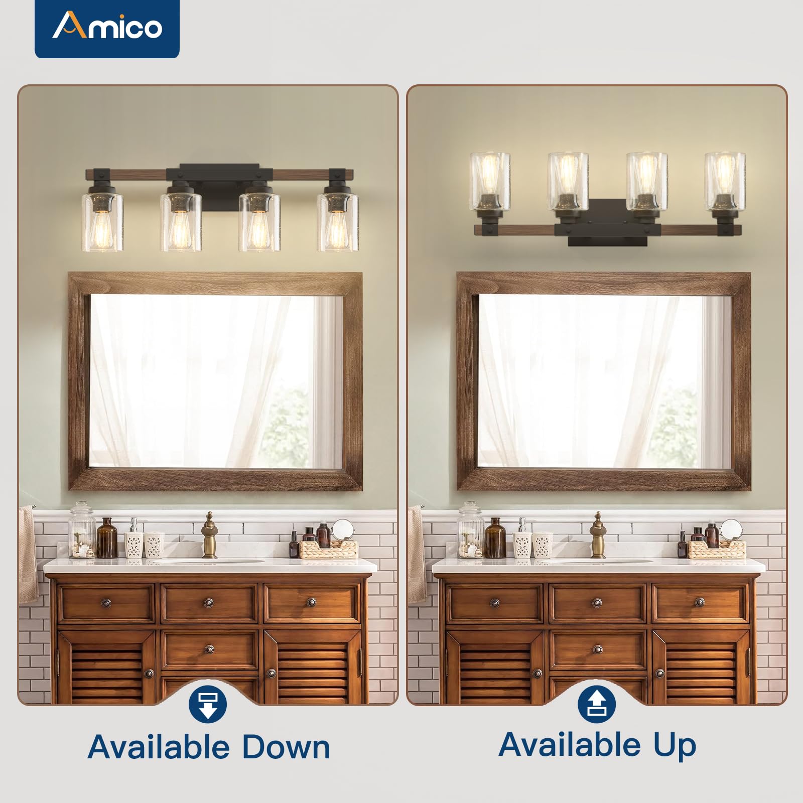 Amico 3-Light Farmhouse Vanity Light Fixture, Rustic Wood Bathroom Light Fixtures, Industrial Vintage Black Wall Sconces Lights with Bubble Glass Shade for Mirror, Bedroom, Living Room, Hallway
