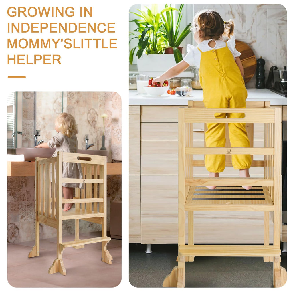 Foldable Toddler Learning Standing Tower, WOOD CITY Montessori Kitchen Step Stool Ideal Helper with 3 Adjustable Heights for Learning New Skills(Natural)