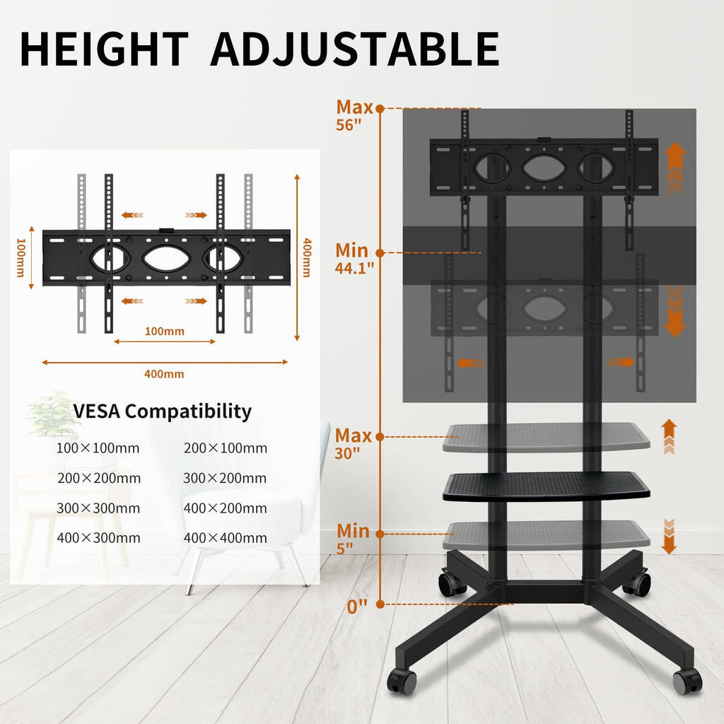 Solid Grace Rolling TV Stand with Power Outlet for 32-75 Inch TVs up to 88lbs, Portable TV Stand with Shelf, Mobile TV Cart for Living Room, Office, Meeting Room, Outdoor(with Power Outlet+Shelf)