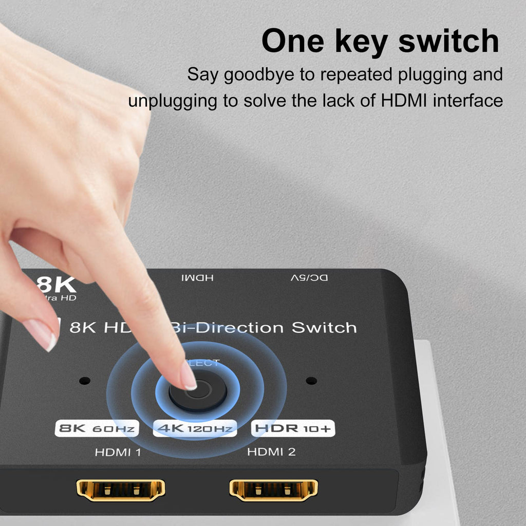 HDMI 2.1 Bi-Directional Switch Ultra HD 8K HDMI Switcher 2 in 1 Out/ 1 in 2 Out HDMI Switch Supports 8K@60Hz/ 4K@120Hz 48Gbps Compatible with Switch/Switch OLED PS5/4 Xbox Roku Apple TV Fire TV Stick