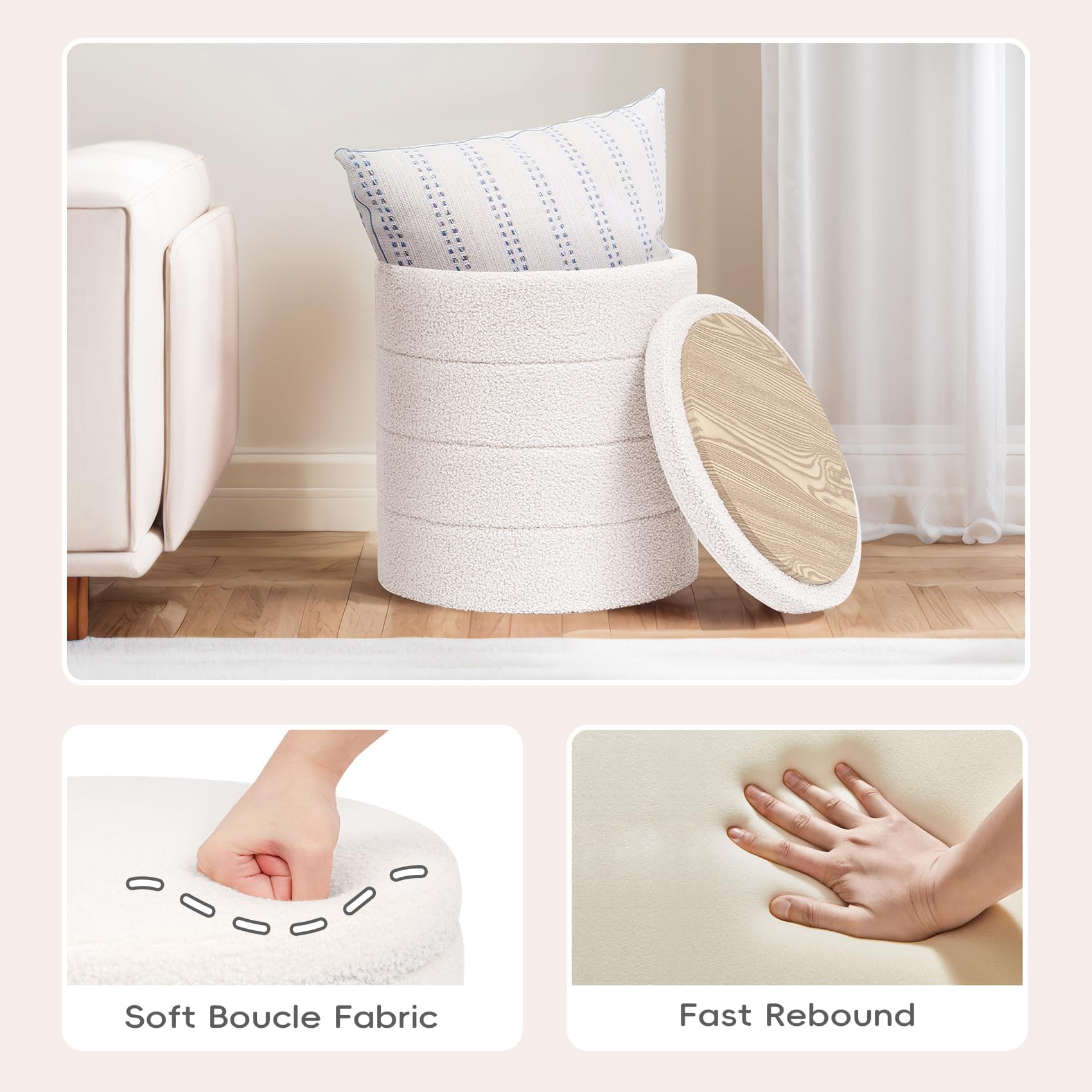PINPLUS Round Storage Ottoman Foot Rest Stool with Tray Velvet Sherpa Folding Storage Ottoman,Boucle Foot Rest for Living Room, Bedroom, Dorm（Beige）