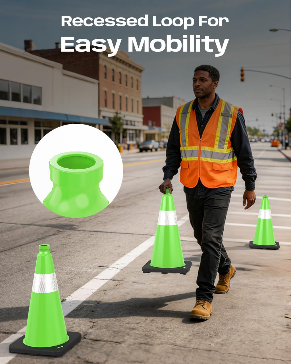 (4 Pack) BATTIFE Traffic Cones 18 Inch with Black Weighted Base, PVC Green Cone for Traffic Control,Construction Events, Driveway Road Parking Lot