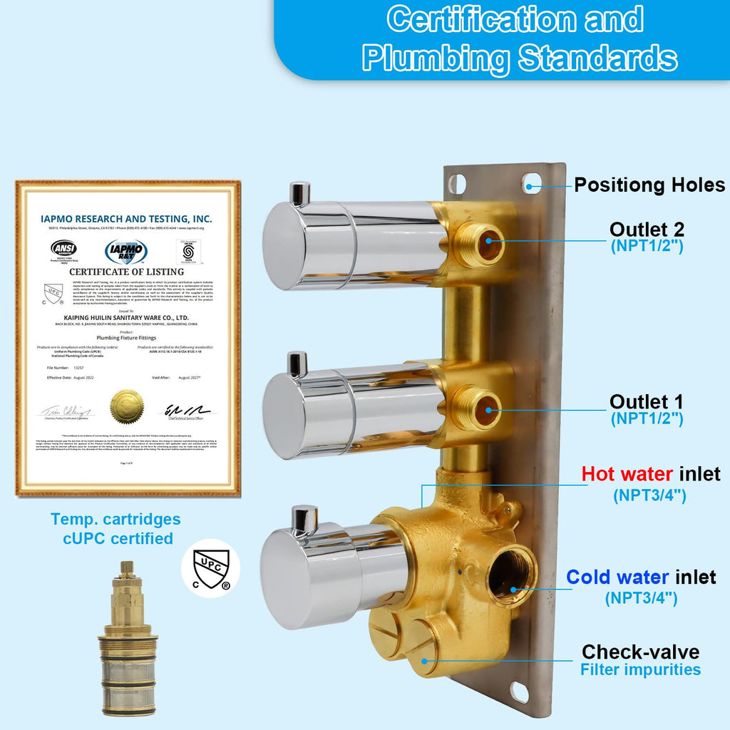 HOMEDEC 2 Way Shower Diverter Valve Brass Dual Functions Thermostatic Shower Mixing Valve Kit 3 Handle Flow Control Valve, 3/4 Inch Inlet, Can Use All Options At a Time, Matte Black