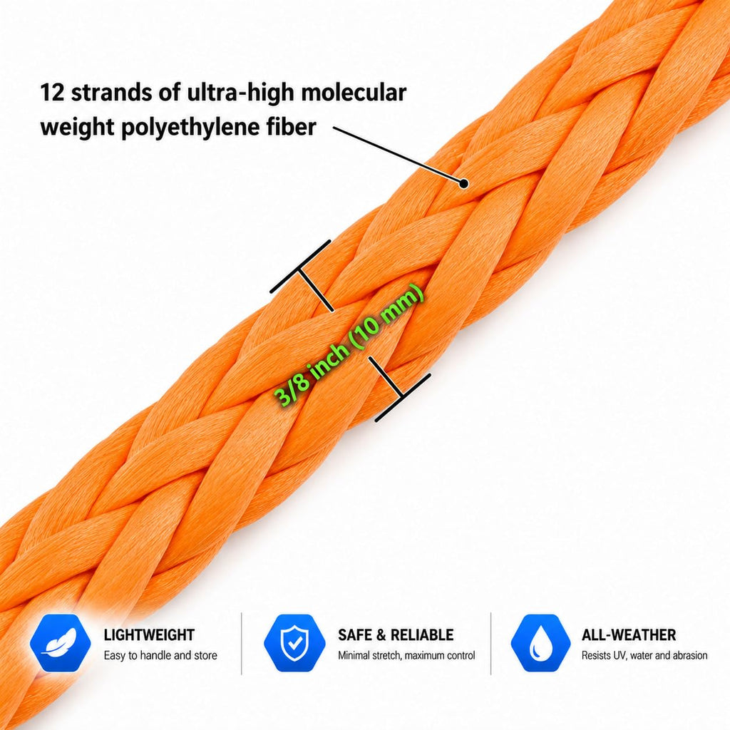 Ucreative 3/8 Inch x 50 Feet Synthetic Winch Extension Rope 26,500 Lbs for Off Road Vehicle Gray