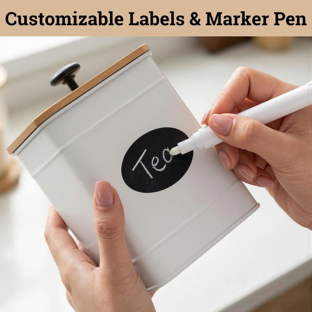 Kitchen Canisters for Countertop Set of 4 w/ Chalkboard Labels & Marker Pen | Airtight Easy Open Bamboo Lids, Dent-Resistant Thick Metal, Customizable Chalkboard Labels, Marker Pen Included, Set of 4