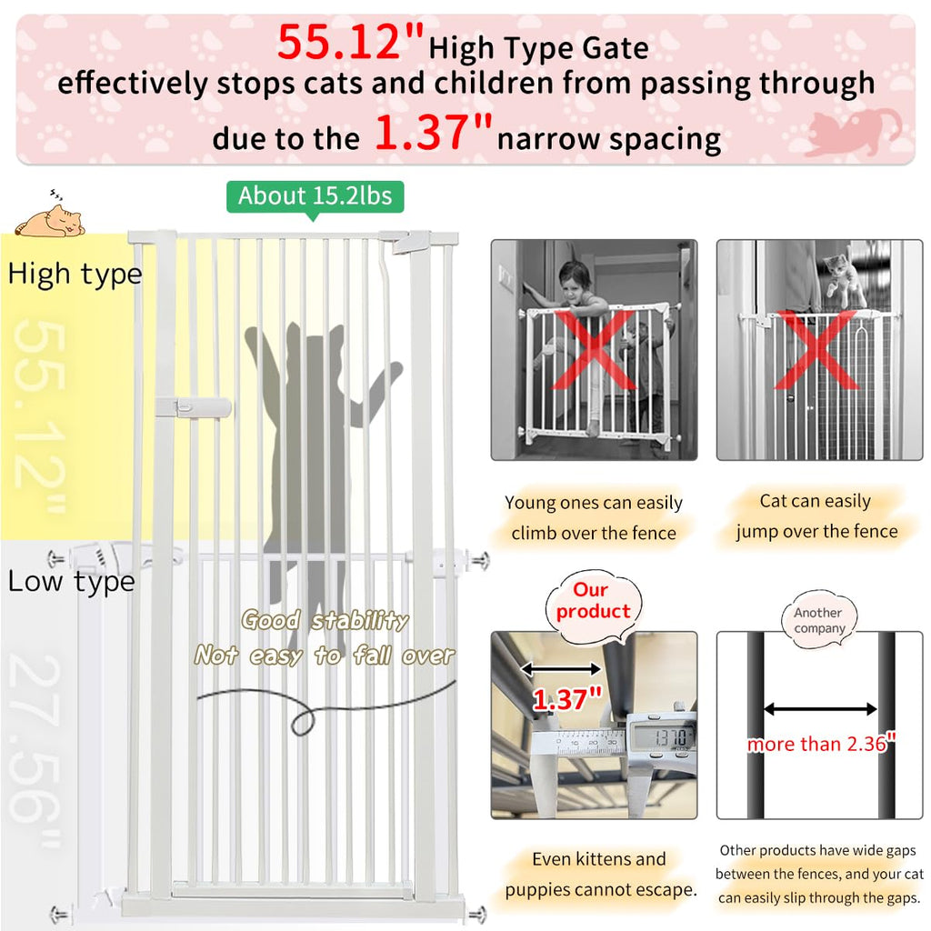Lumizone Extra Tall Cat Gate Extension Kit 55.12" High 4.13" Wide Black | Tall Pet Gate Dog Gate for Doorway Hallway Stairs Pressure Mounted Extra Wide 1.37" Gap No Drilling