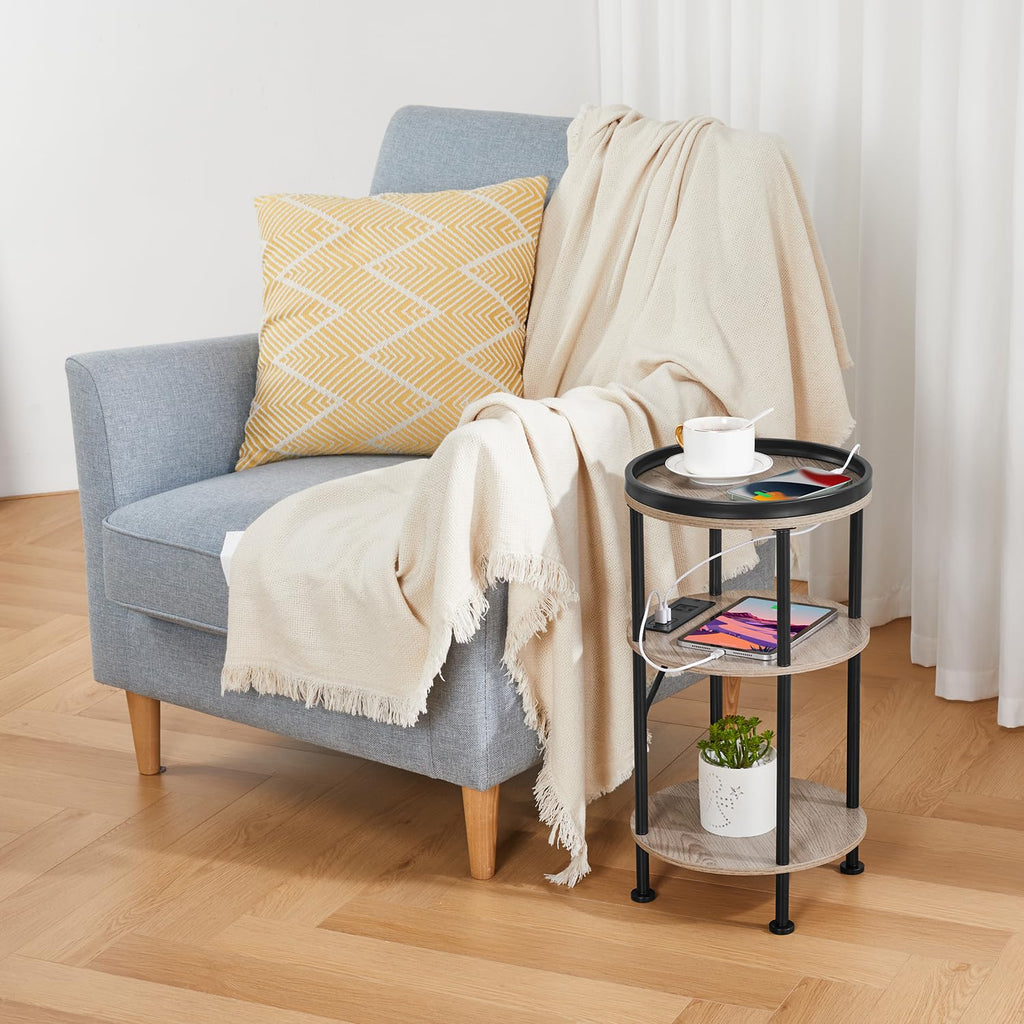 Small Round Side Table with Charging Station for Small Spaces, 3-Tier Accent Table with USB Ports & Power Outlets, Sofa Corner Tea Table for Living Room Nightstand Bedroom Apartment (Black)