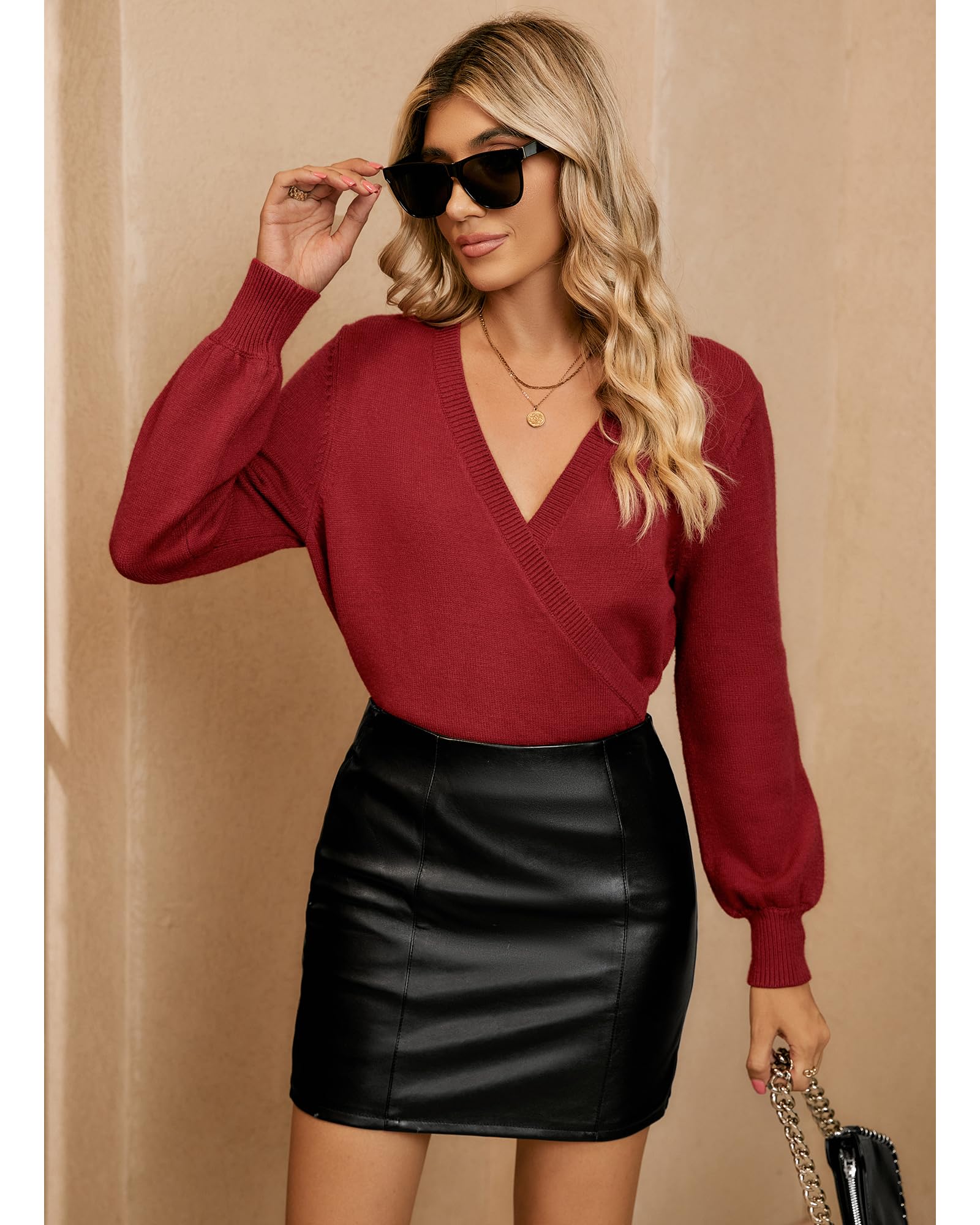 LookbookStore Women's Knit Long Sleeve Faux Wrap Surplice V Neck Sweater Top