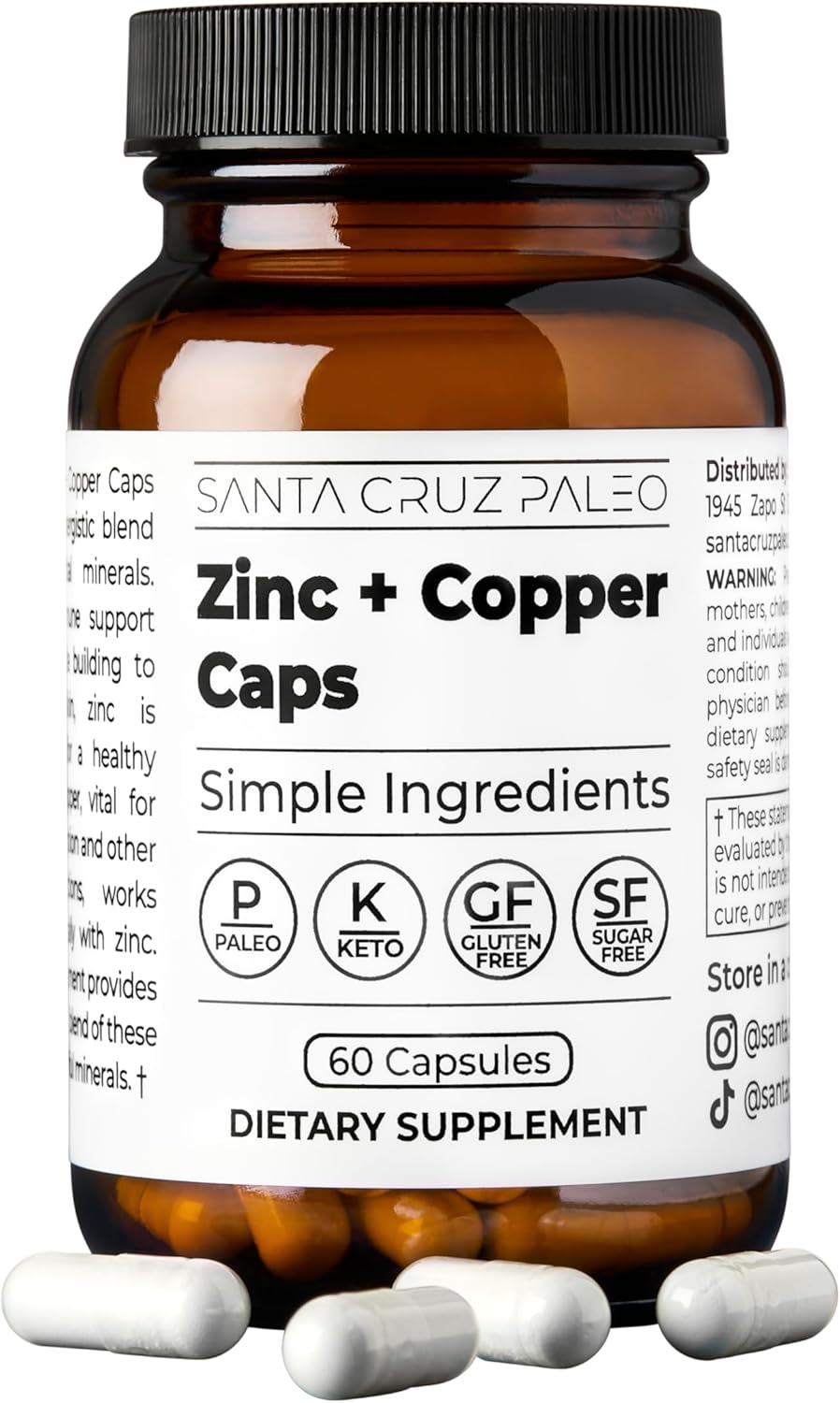Santa Cruz Paleo, Zinc & Copper Mineral Supplement, High Absorption Formula, Zinc Supplement for Skin & Hair, L Methionine, Copper Gluconate, Trace Minerals, Gluten Free, Keto, Paleo, 60 Capsules