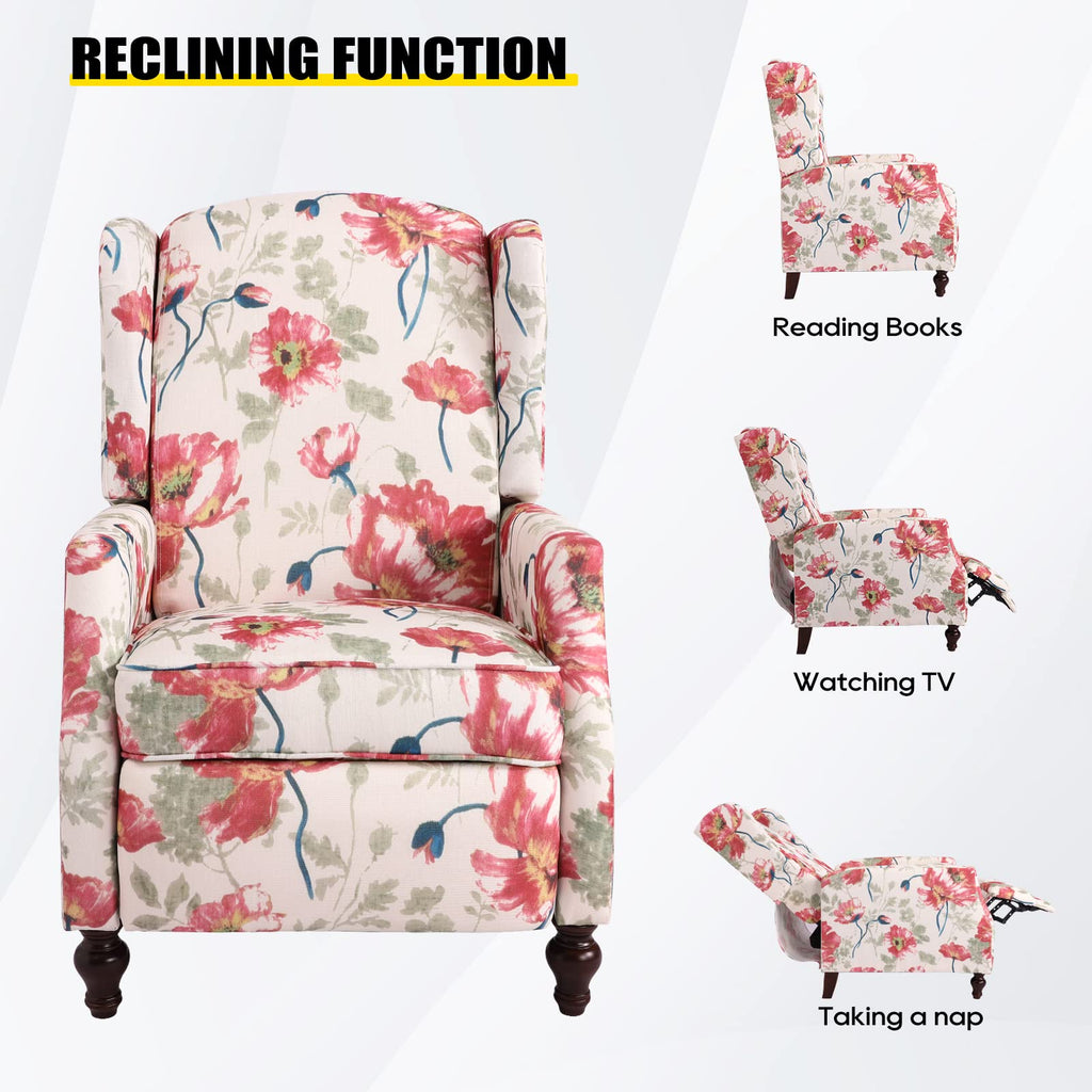 Wingback Chair with Massage and Heat, Tufted Fabric Pushback Recliner Chair, Wingback Recliner Chair with Remote Control, Padded Cushion, Wooden Legs, Small Recliners for Small Spaces