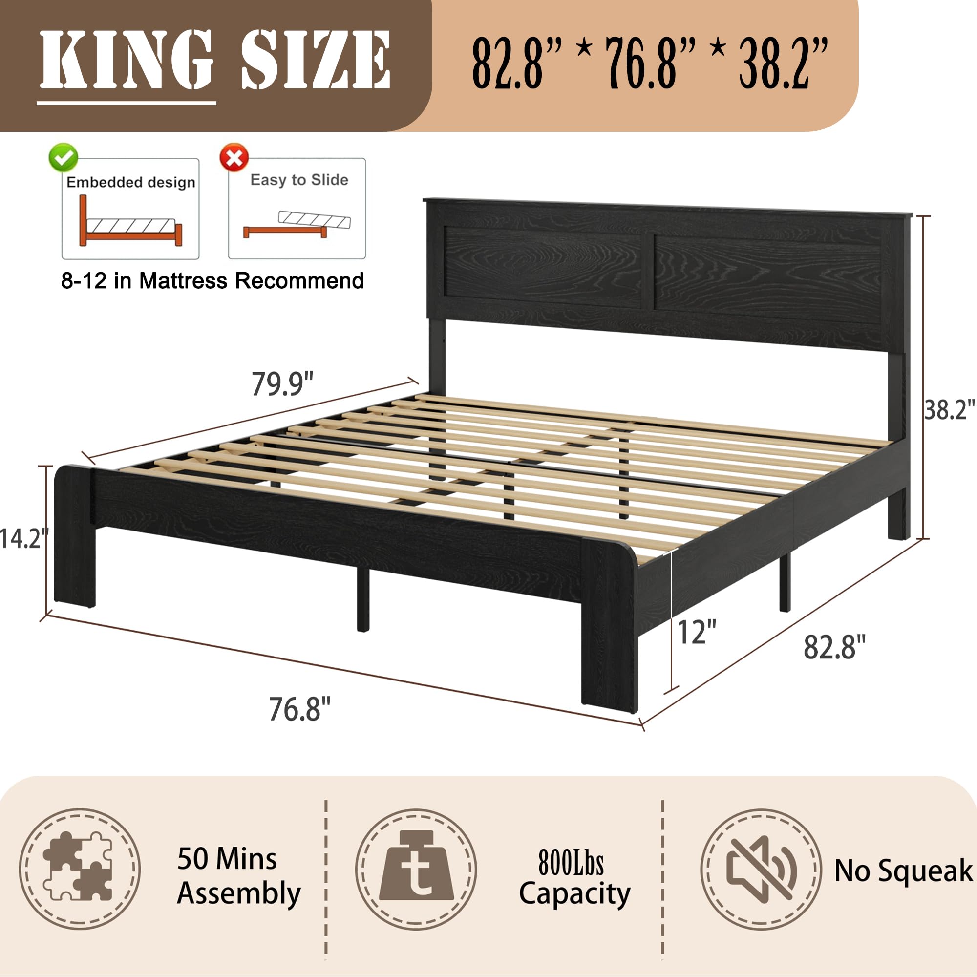 Wooden Bed Frame Full Size with Headboard, Farmhouse Platform Bedframe with Wood Slat Support, Sturdy Framework Bed Frame, Easy Assembly (Rustic Black)