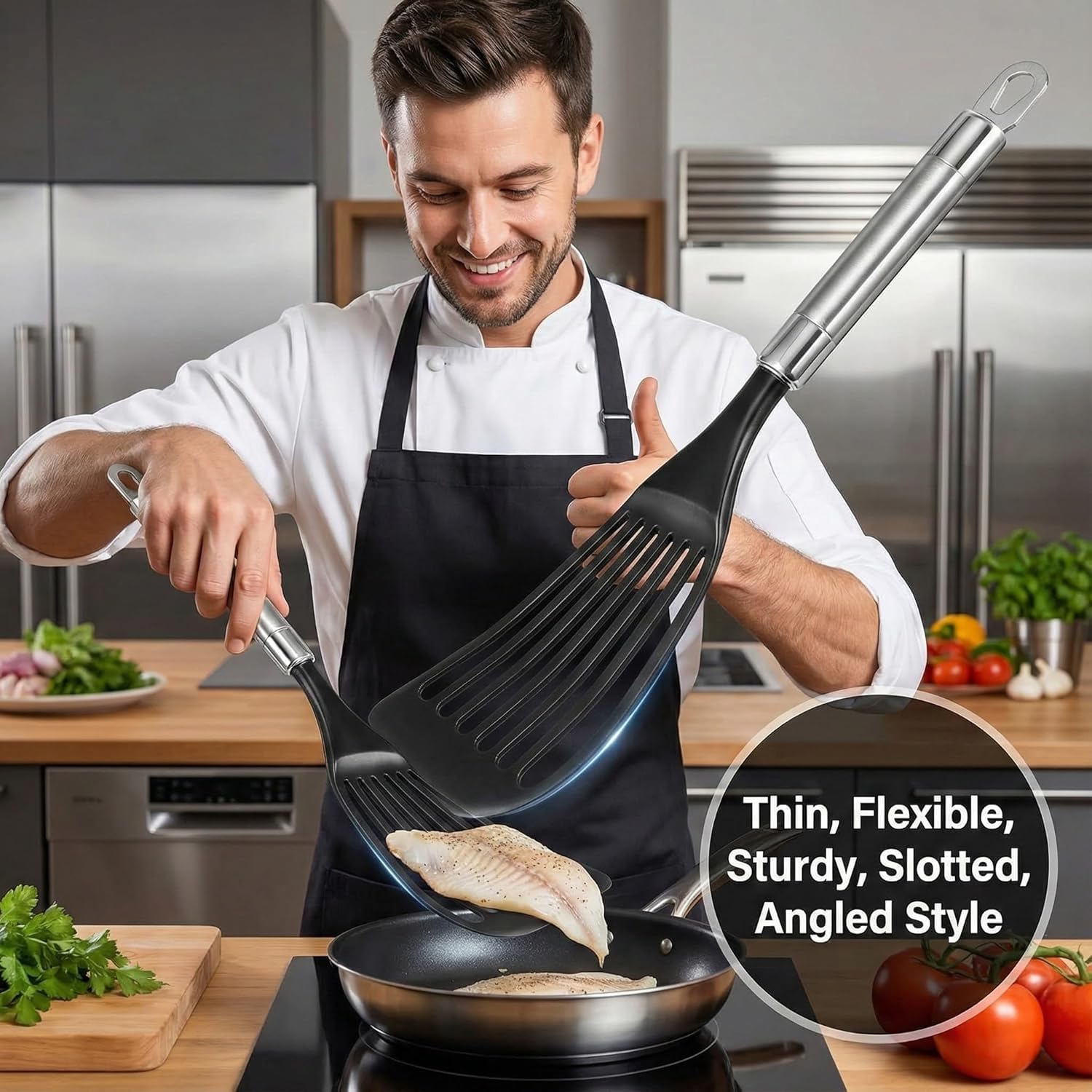 KSENDALO Thin Flexible Fish Spatula for Nonstick Cookware, Black | Egg Flipper Turner w/Hollow Steel Handle, Slotted Angled LFGB Complaint Nylon Blade, Dishwasher Safe, Silver Handle
