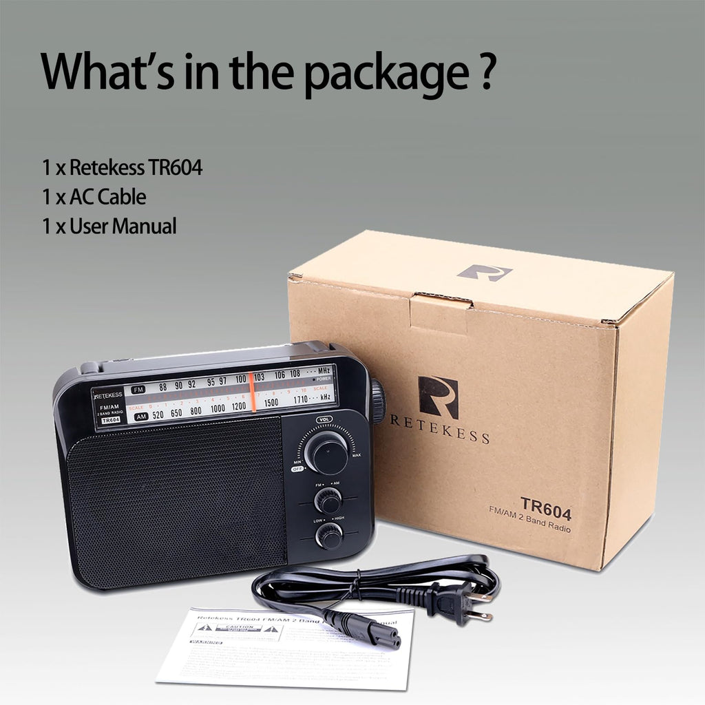 Retekess TR604W AM FM NOAA Radio, Portable Emergency Weather Radios with Best Reception, AC or D Battery Powered, with Clear Dial and Large Knob, Suit for Home (Black)