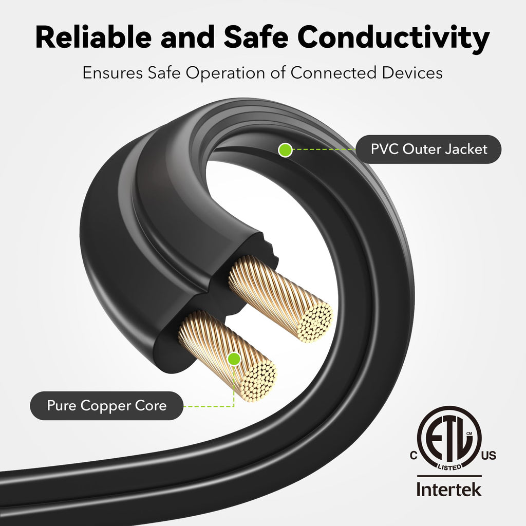 BN-LINK 6ft Indoor Extension Cord, 2 Pack, 3-Outlet Polarized Flat Cable, Household Power Cord for Home, Office, and Holiday Decorations, Black