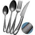 16-Piece Modern Black Hammered Silverware Set with Ultra Sharp 2-IN-1 Serrated Knives, 18/10 Stainless Steel Flatware Set, Titanium Plated Cutlery Set Service for 4, Dishwasher Safe