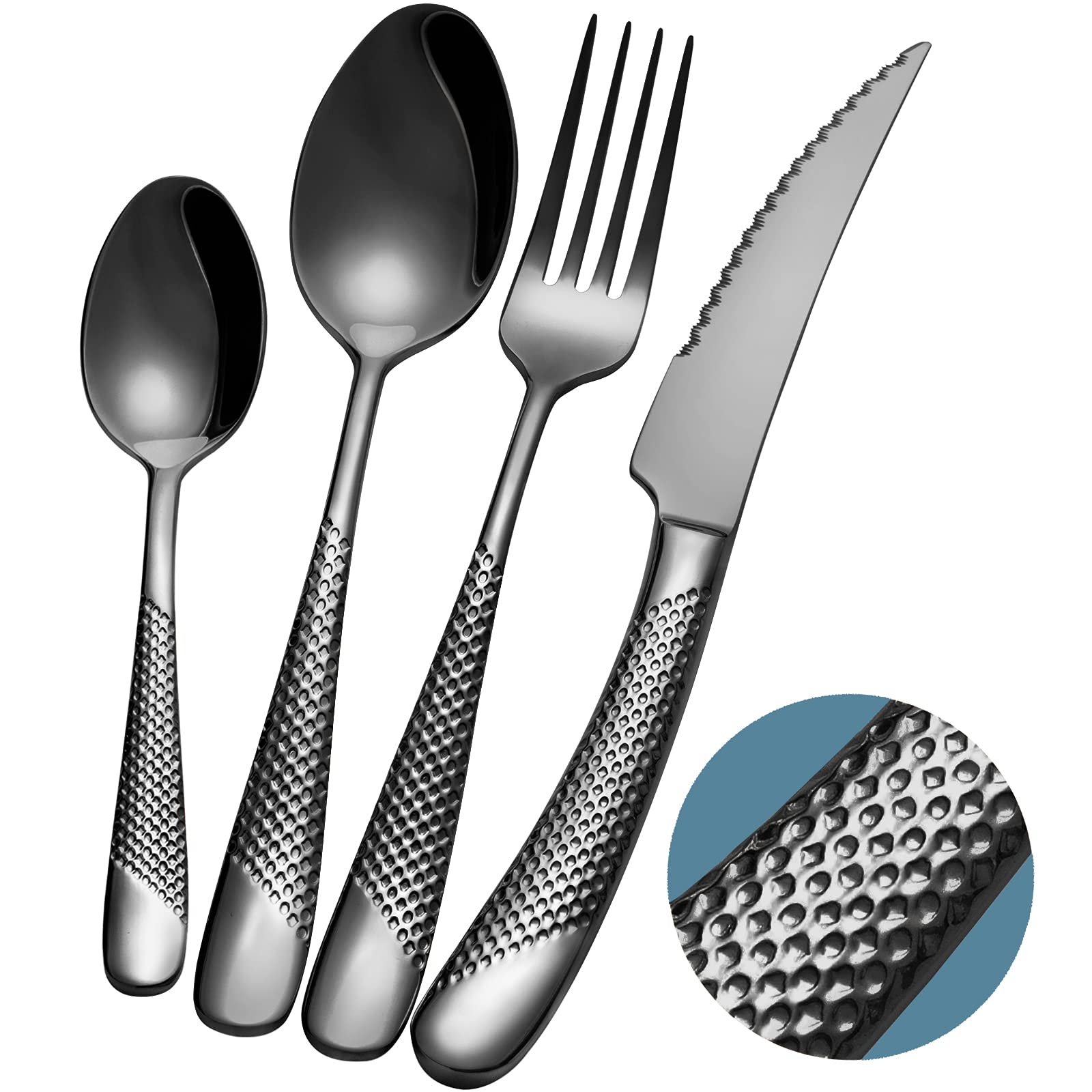 16-Piece Modern Black Hammered Silverware Set with Ultra Sharp 2-IN-1 Serrated Knives, 18/10 Stainless Steel Flatware Set, Titanium Plated Cutlery Set Service for 4, Dishwasher Safe