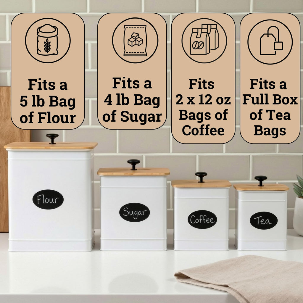 Kitchen Canisters for Countertop Set of 4 w/ Chalkboard Labels & Marker Pen | Airtight Easy Open Bamboo Lids, Dent-Resistant Thick Metal, Customizable Chalkboard Labels, Marker Pen Included, Set of 4