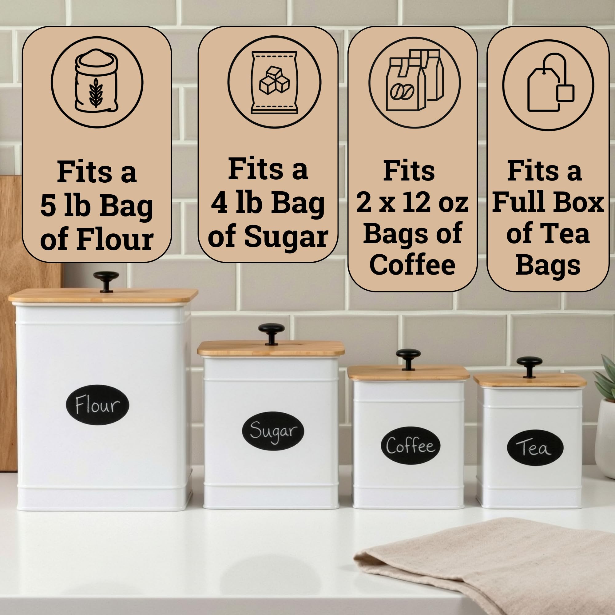 Kitchen Canisters for Countertop Set of 4 w/ Chalkboard Labels & Marker Pen | Airtight Easy Open Bamboo Lids, Dent-Resistant Thick Metal, Customizable Chalkboard Labels, Marker Pen Included, Set of 4