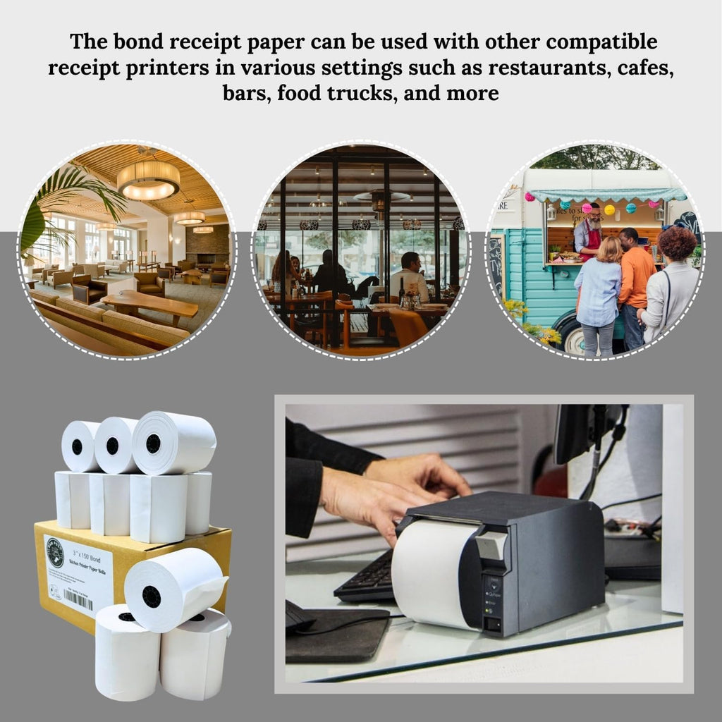 BAM POS 3" x 150' 1ply Bond (Non-Thermal) Receipt Paper Rolls for Kitchen Impact Printers TMU200, SRP275 Star SP700 - Suitable For Printing Kitchen Tickets and Order receipts (12 Rolls Per Case)