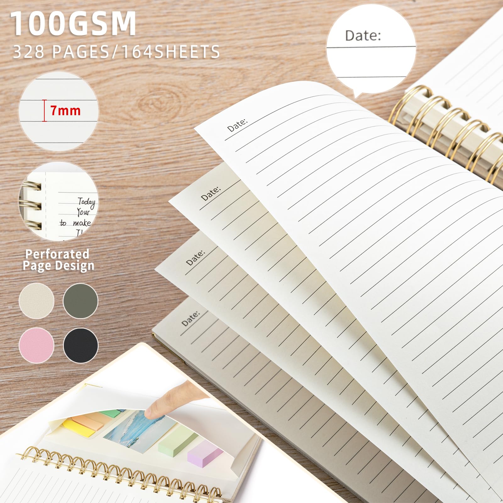 Spiral Notebook Journal, 328 Pages Linen Hardcover College Ruled Notebook, Lined Thick Journals for Women Men, A4 Thick Spiral Journal for Writing, 100GSM Paper, Cute Notebooks for Work School