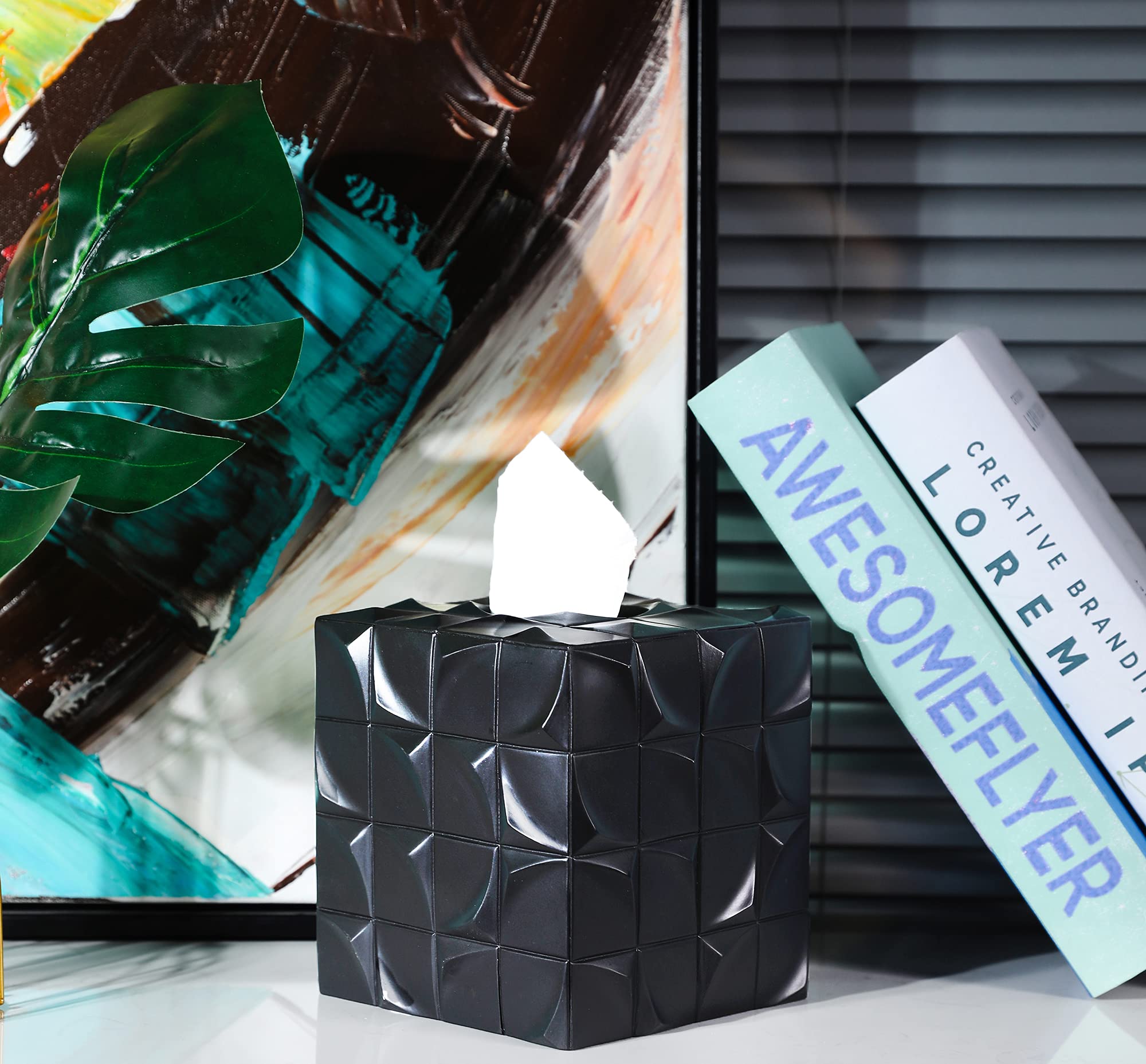 Hymmah Square Tissue Box Cover Holder with Tray,Unique Cube Design Tissue Dispenser Cover Decor for Vanity Counter Tops Also Great for Bedroom and Living Room