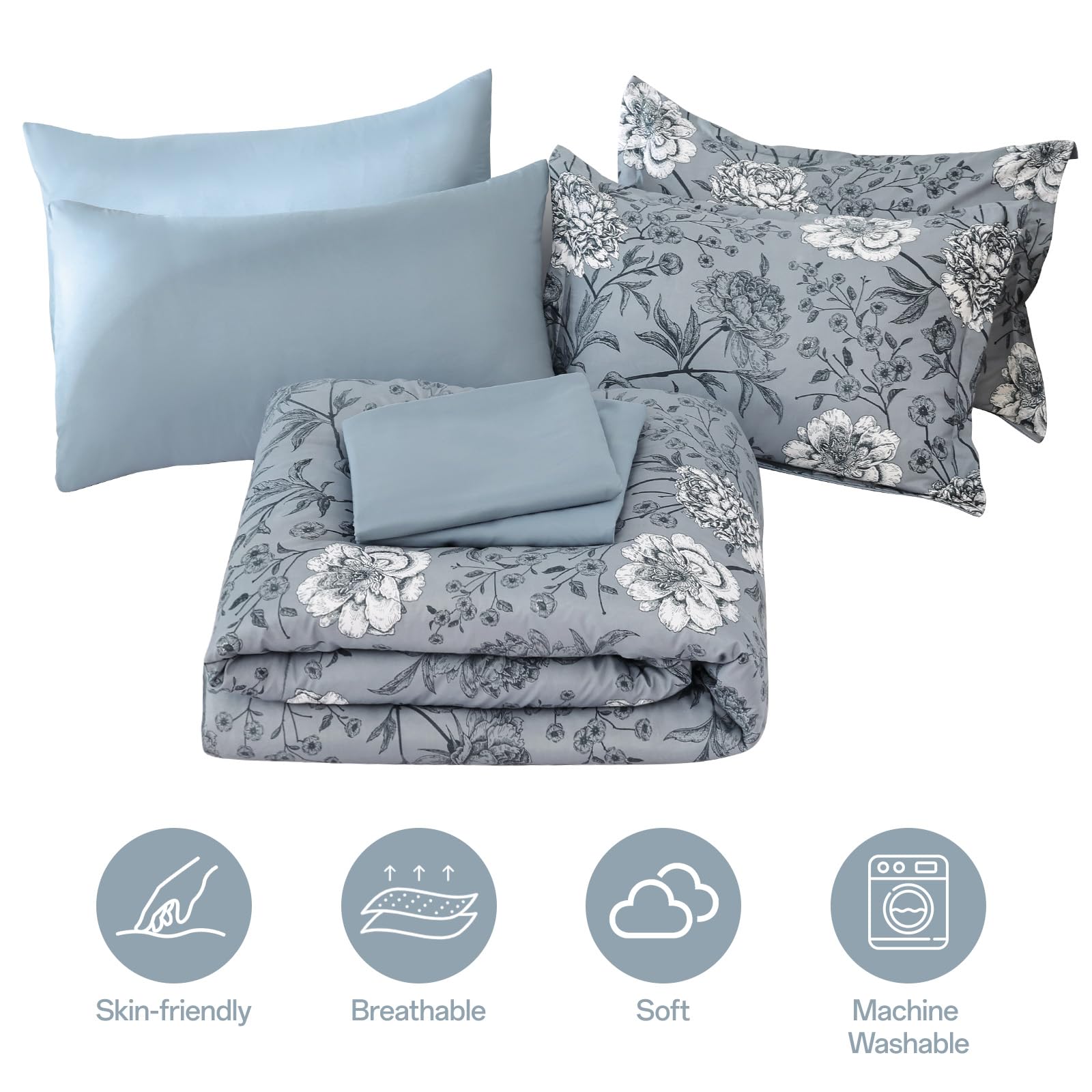 Yiran 7 Pieces Bed in a Bag Blue Floral Comforter Set Queen Size Flowers Comforter Set Soft Microfiber Bedding Set (1 Comforter 1 Flat Sheet 1 Fitted Sheet 2 Pillowshams 2 Pillowcases)