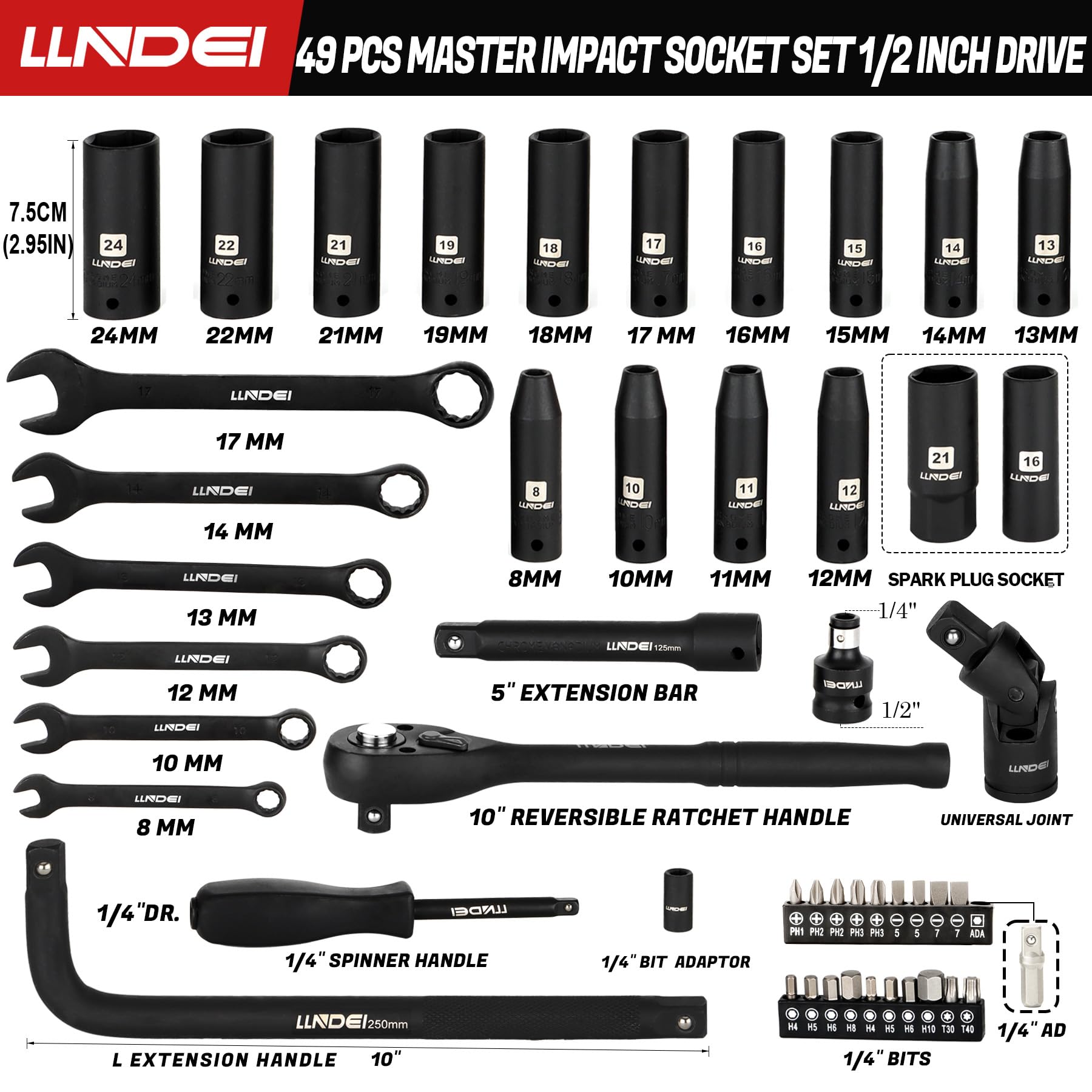 LLNDEI 1/2 inch Drive Deep Impact Socket Set, 37 Piece Standard SAE 3/8" to 1-1/4" | Metric 8 to 24mm, Includes Spark Plug Socket (16, 21mm), CR-MO Universal Joint, Extension Bars and Adapter