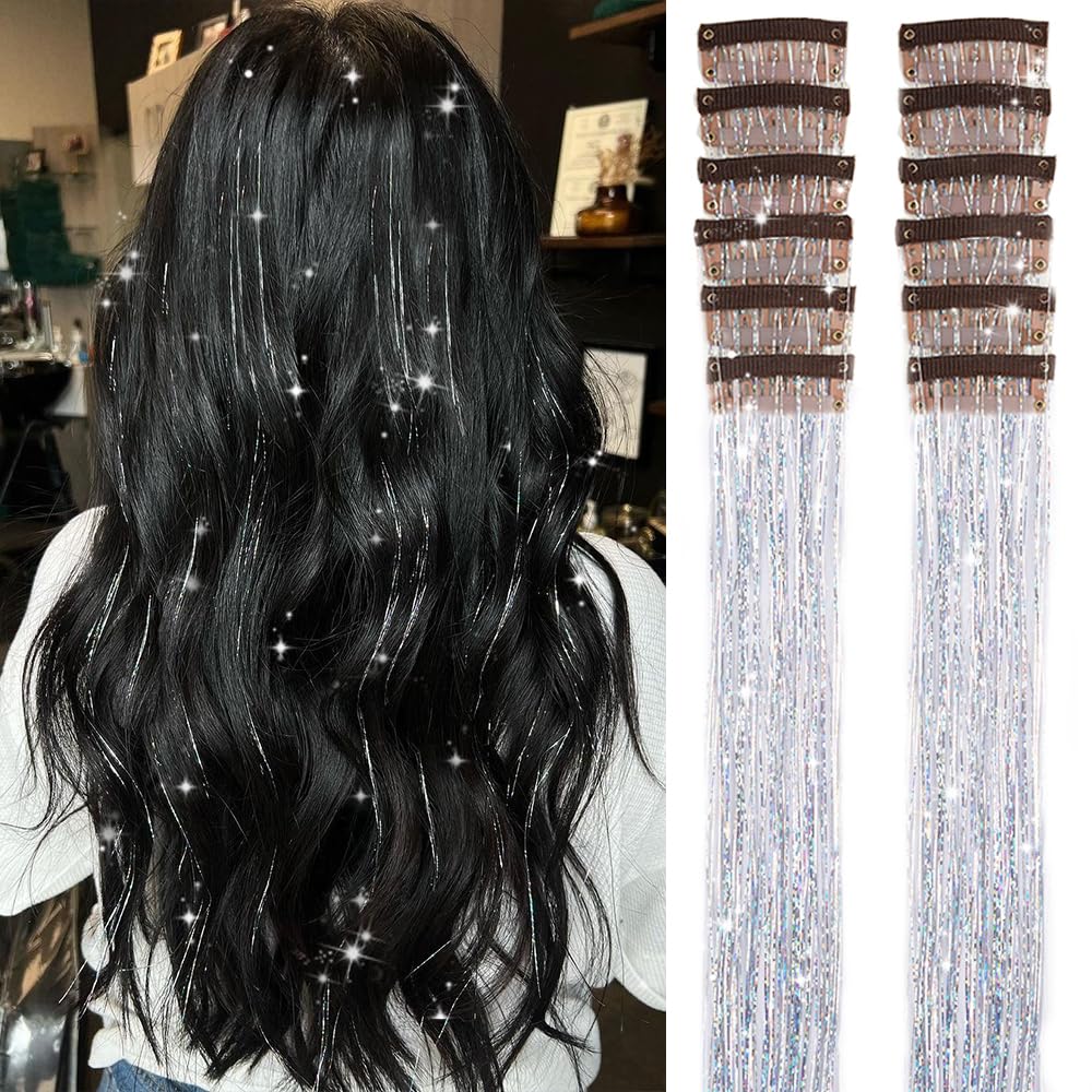 Clip in Hair Tinsel, Pack of 12 Pcs 20 Inch,Glitter Tinsel Hair Extensions, Festival Tinsel Fairy Hair Extension Party Dazzle Hair Accessories Strands Kit for Women Girls(12Pcs,Black#)