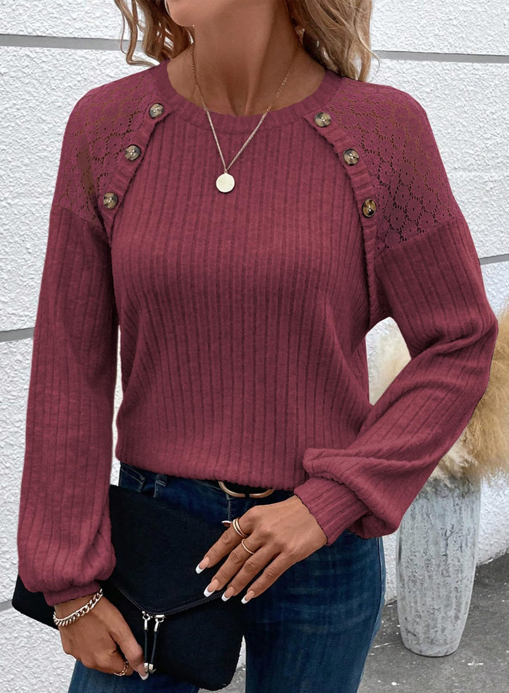 Acelitt Womens Fall Long Sleeve Tunic Tops Casual Crew Neck Dressy Shirt Lace Patchwork Blouses Pullover Sweaters