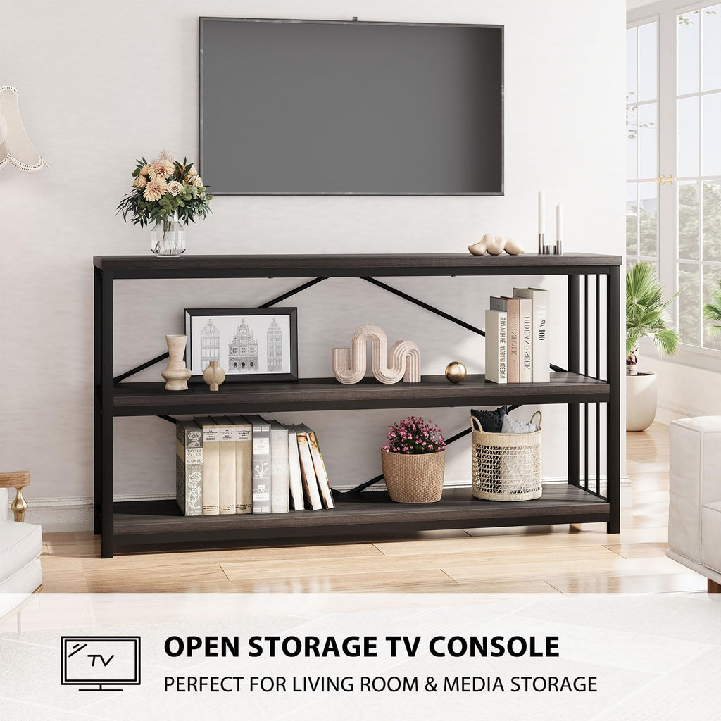 LVB Black Console Table, Modern Entryway Table for Hallway Living Room, Industrial Sofa Table Behind Couch, Farmhouse Wooden Metal Entry Table for Foyer with 3-Tier Storage Shelves, Black Oak, 55 Inch