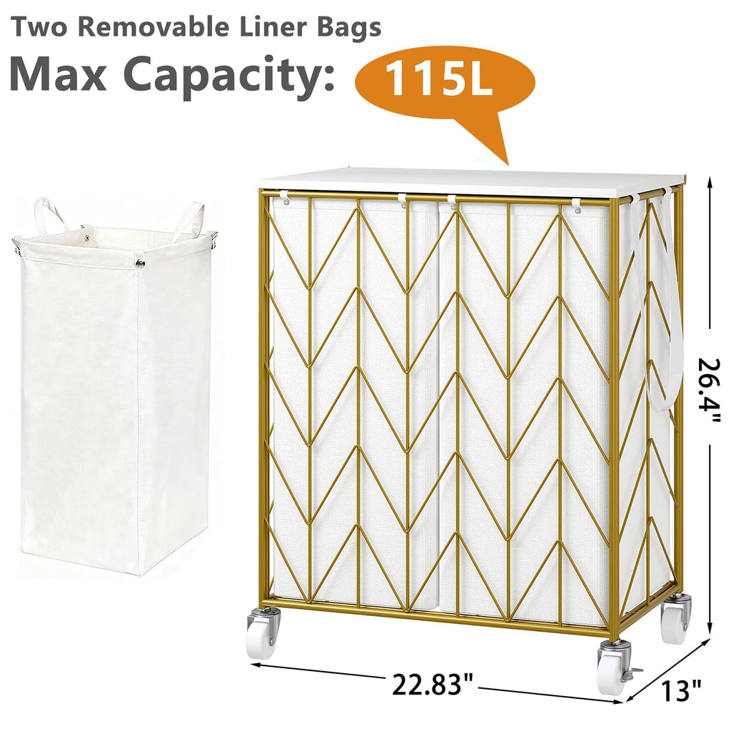 WOWLIVE Laundry Basket with Wheels, Heavy Duty Laundry Hamper with Wood Lid, Clothes Hamper with Divided Removable Liner Bag, Large Capacity Iron-Made Laundry Sorter Laundry Room Organization (Beige)
