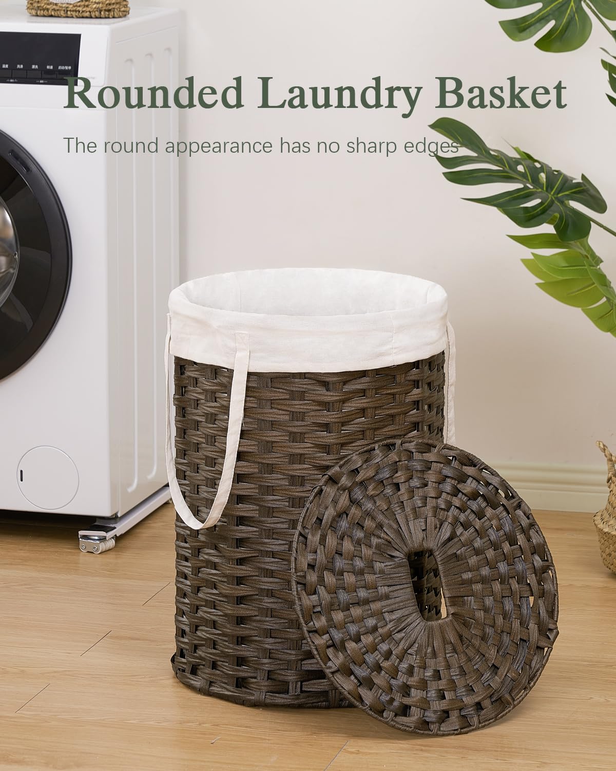 SETVSON Laundry Hamper with Lid Laundry Basket with Lid 19.0 Gal (72 L) Round Wicker Laundry Basket Handwoven Rattan Basket with Lid Removable Bag 2 Mesh Bags Handles for Living Room Bathroom Black