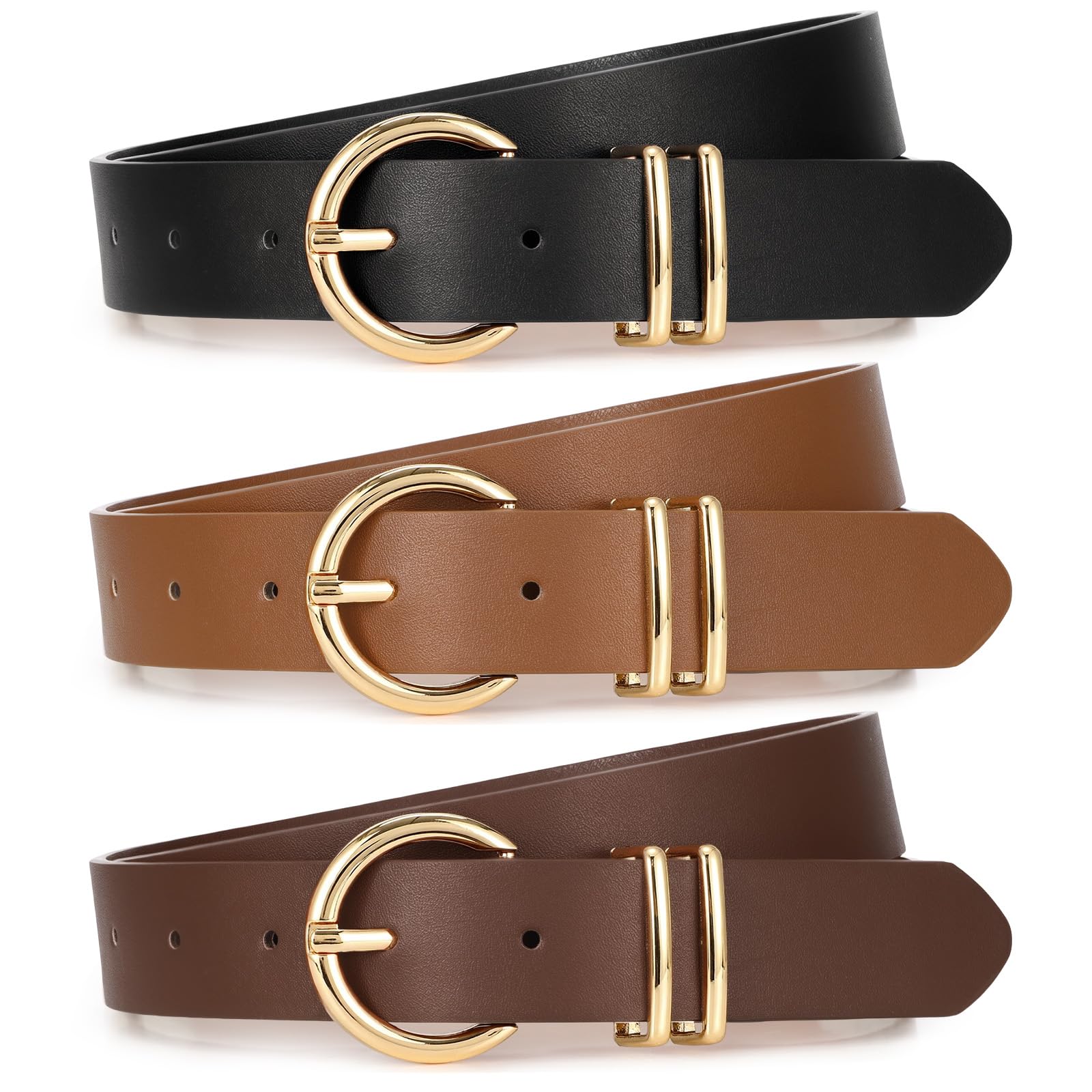 XZQTIVE 3 Pack Women Belts For Jeans Dresses Pants Ladies Leather Waist Belt with Gold Buckle