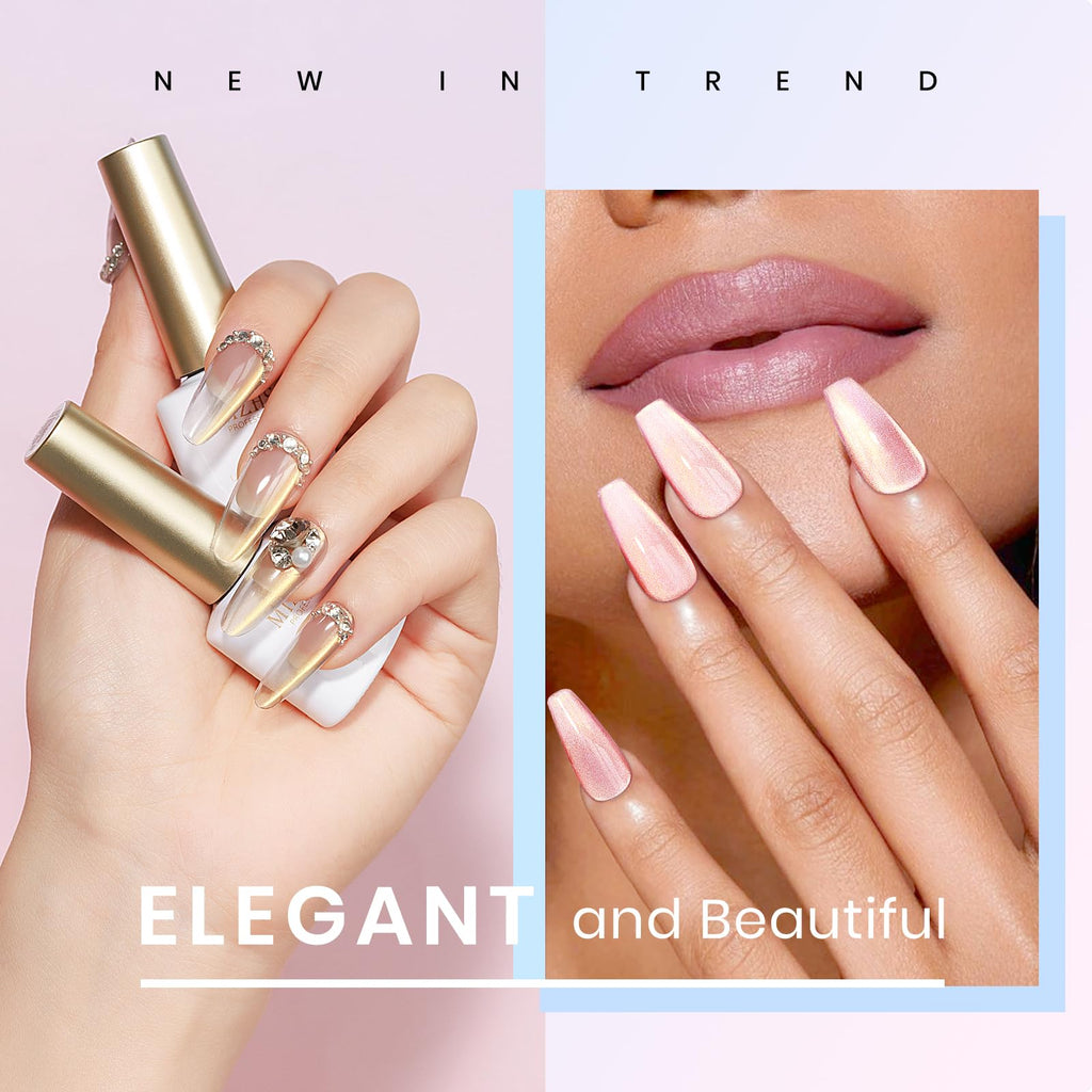 MIZHSE Cat Eye Gel Nail Polish, Moonlight Magnetic Gel Polish and Sheer Nude Nail Kit with 1 Magnet Stick, Glass Shiny Effect Silver Pink Purple Soak Off Manicure Home DIY