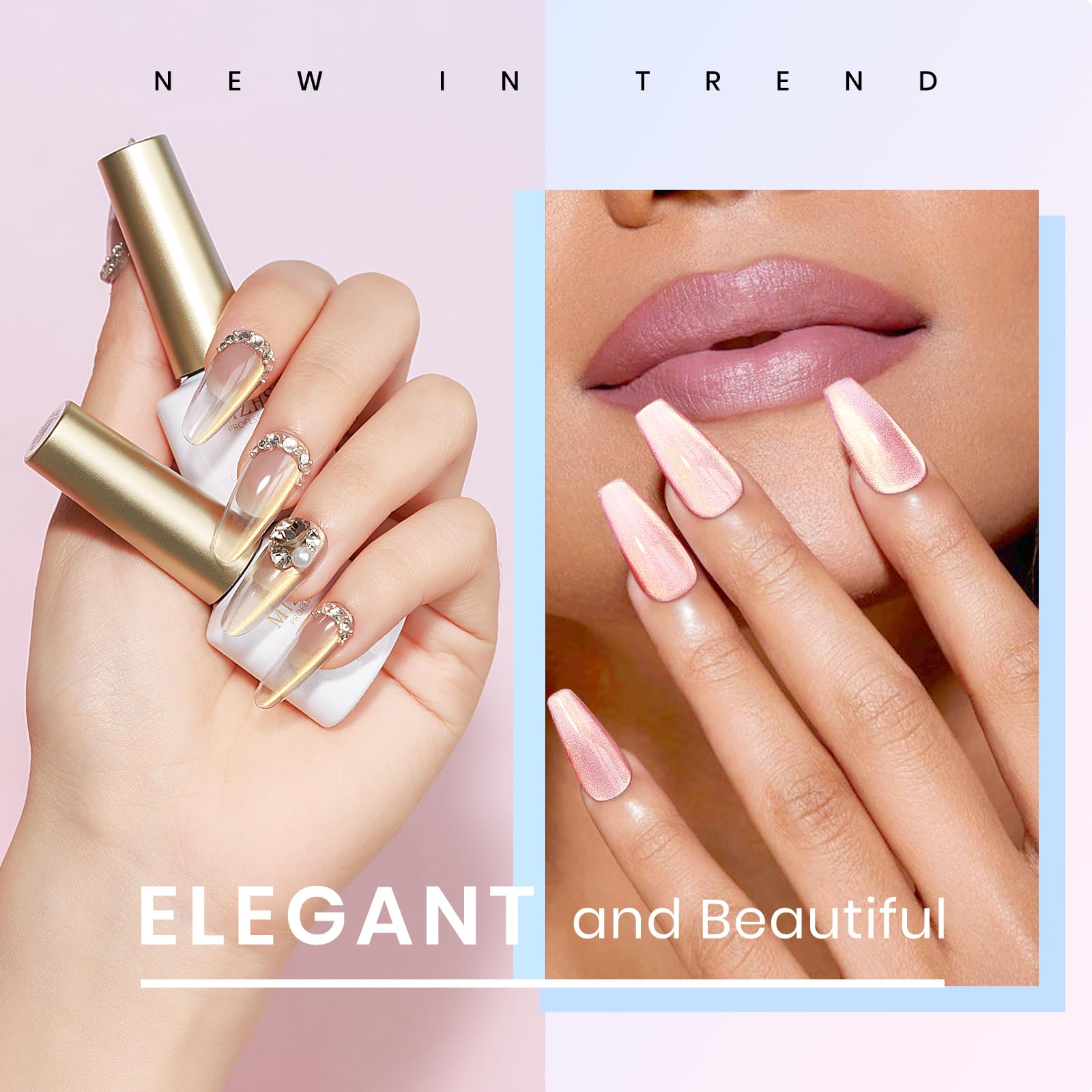 MIZHSE Cat Eye Gel Nail Polish, Moonlight Magnetic Gel Polish and Sheer Nude Nail Kit with 1 Magnet Stick, Glass Shiny Effect Silver Pink Purple Soak Off Manicure Home DIY
