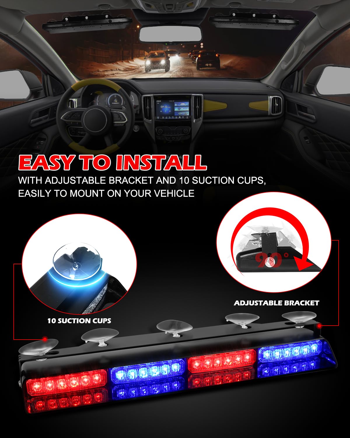 HLauto 604N Emergency Dash Strobe Lights: 2x16.8 inch Amber White Security Light w/Take Down, 48 LED Safety Flashing Warning Hazard Interior Windshield Light Bar for Truck Vehicle