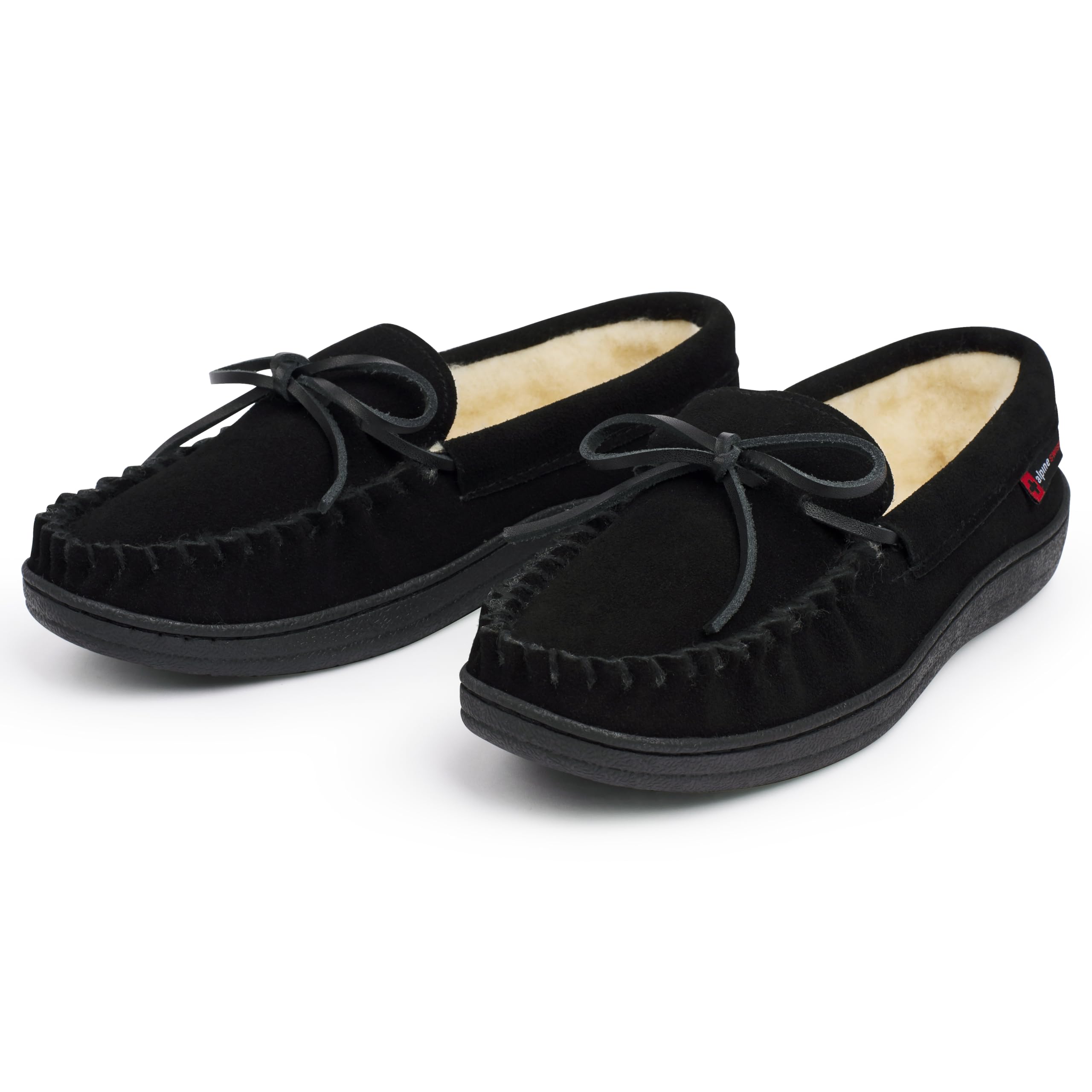 Alpine Swiss Sabine Womens Moccasin Slippers Genuine Suede House Shoe Memory Foam Insole Plush Faux Shearling Fur Indoor Outdoor Anti-Slip Rubber Sole