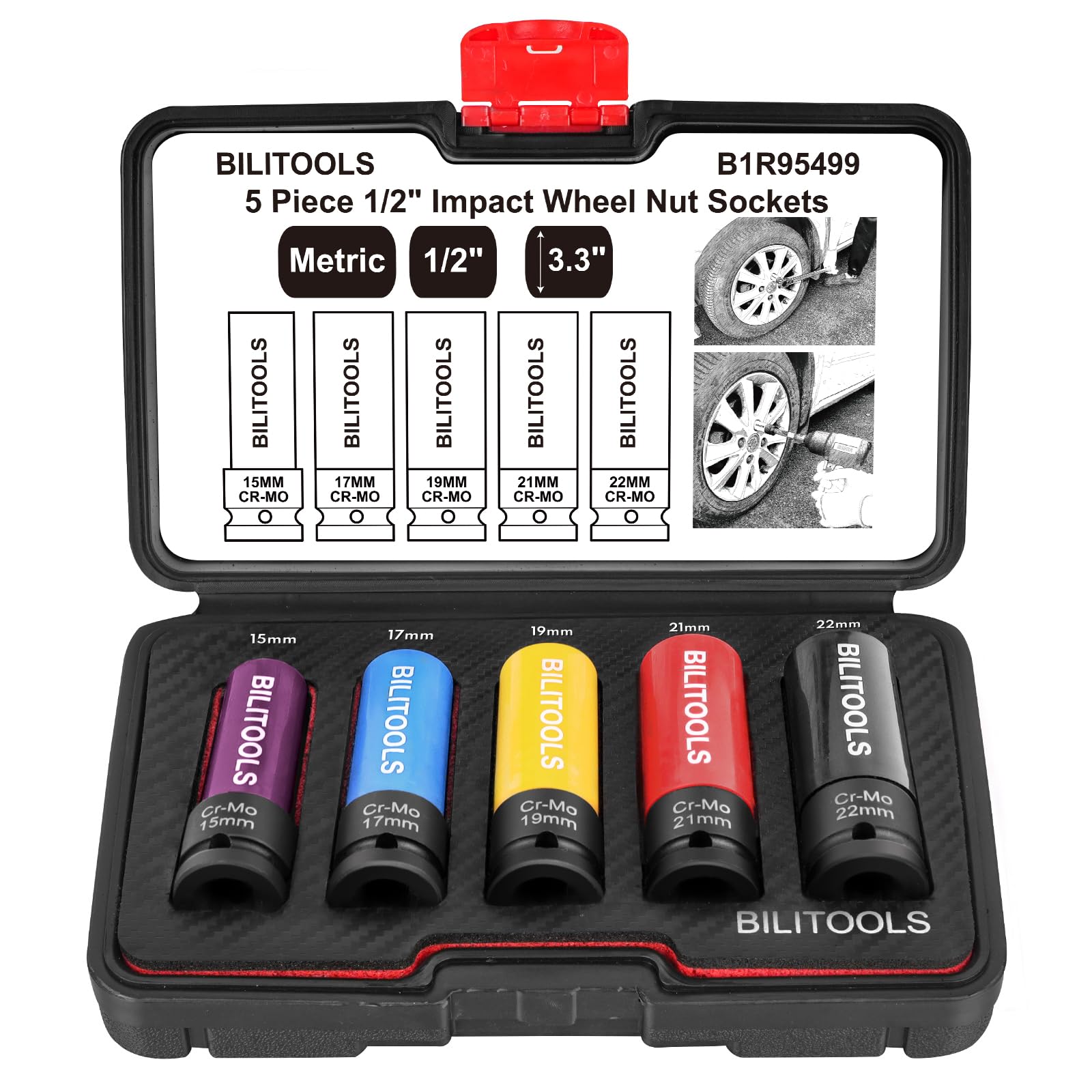 BILITOOLS 1/2 inch Drive Impact Lug Nut Socket Set, 15 17 19 21 22 MM Non-Marring Thin Wall Wheel Protector Nut Socket