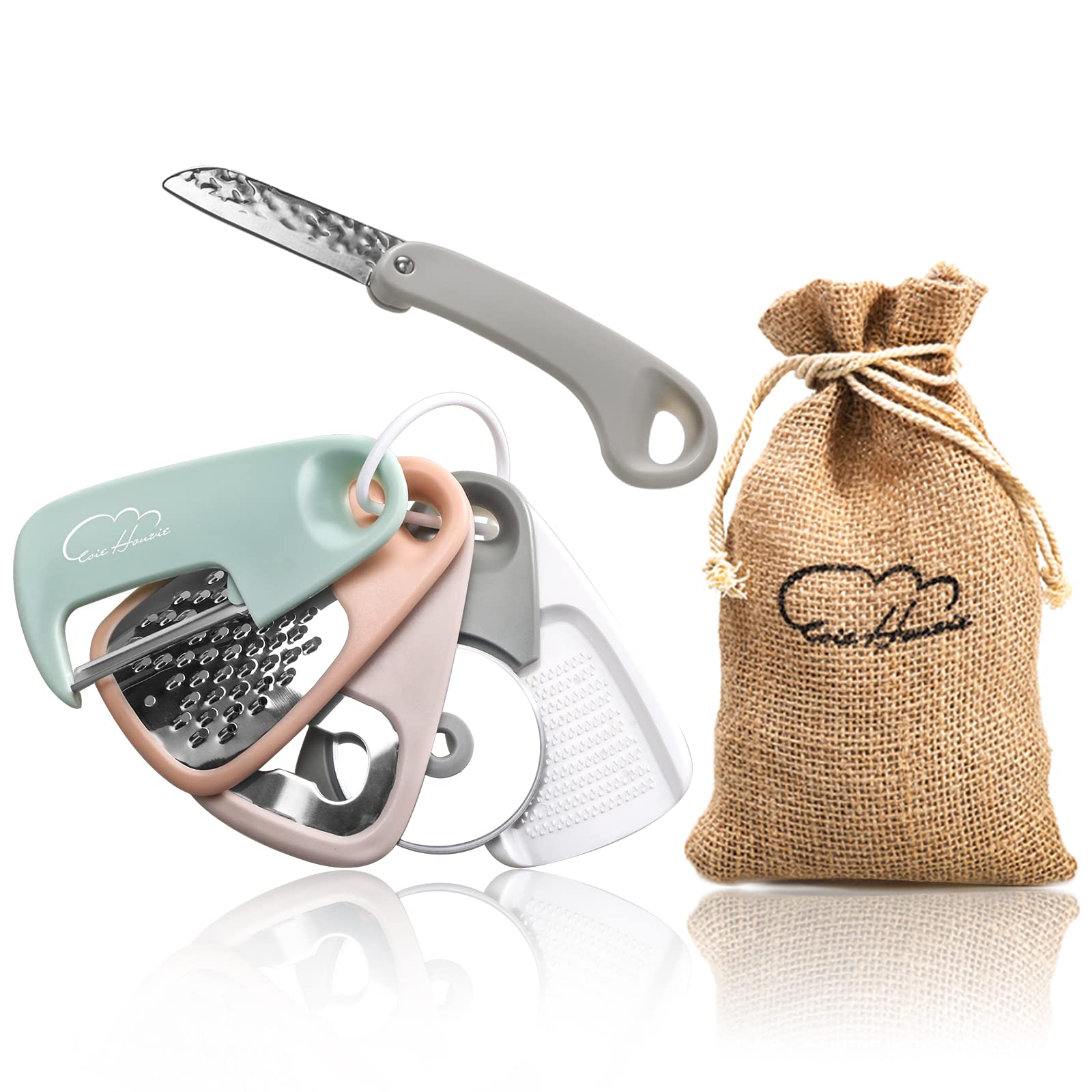 5 Pieces Kitchen Gadgets Set - Space Saving Cooking Tools Accessories Cheese Chocolate Grater, Fruit Vegetable Peeler, Bottle Opener, Pizza Cutter, Burlap Bags with Drawstring Gift Set