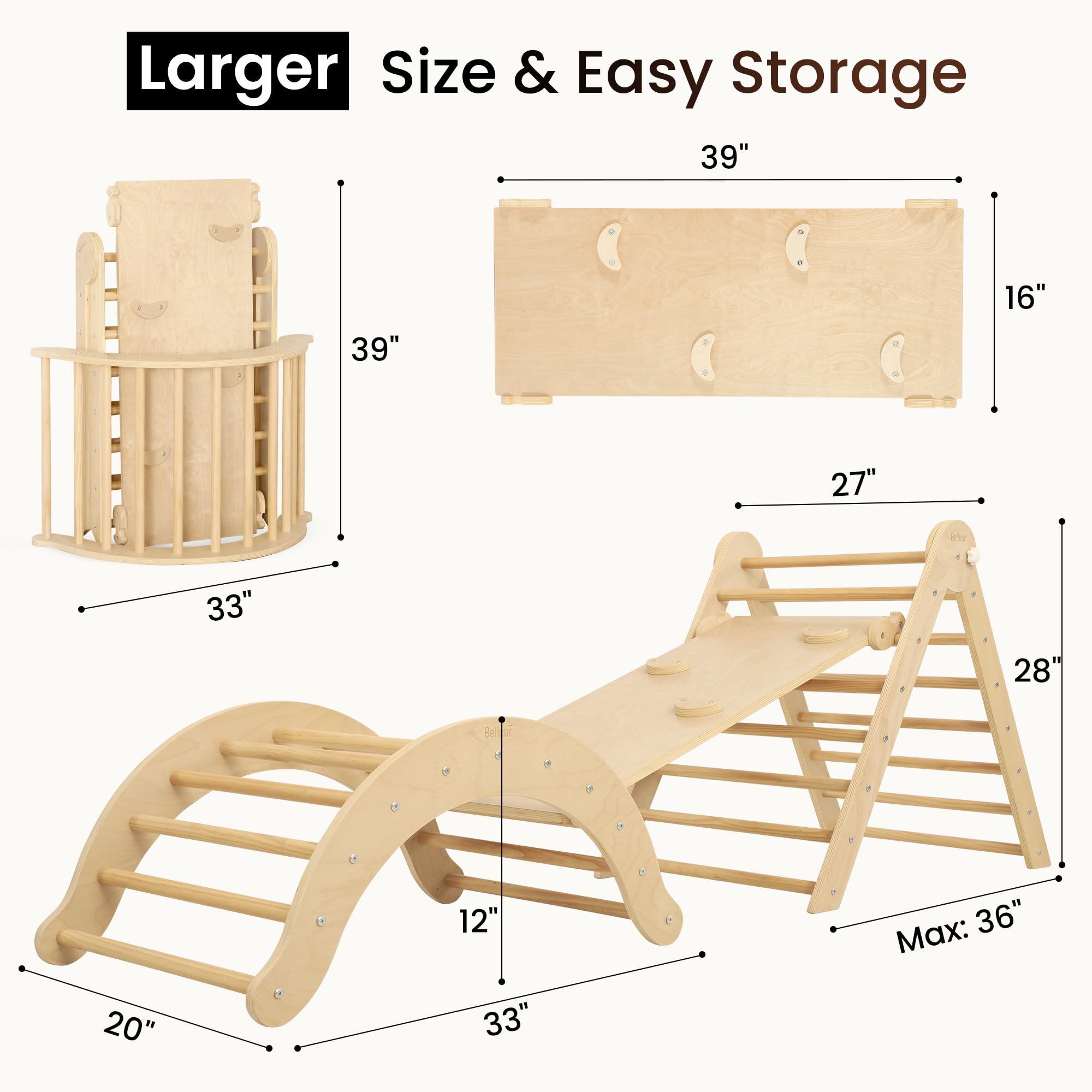 Belleur 7-in-1 Climbing Toys for Toddlers 1-3 Years Old, Foldable Wooden Pikler Triangle Set Indoor, Montessori Climbing Set with Arch, Ramp & Ladder - Natural