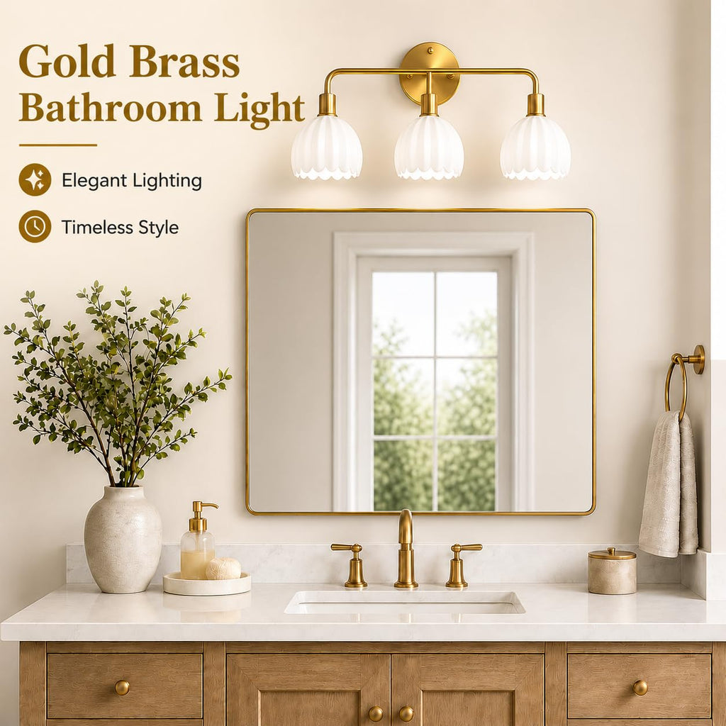 1-Light Gold Brass Bathroom Light Fixture,Wall Sconces set of 2,Brushed Gold Vanlity Light Over Mirror,Bathroom Vanity Light with White Tulip Glass Flower Shade,E26 Socket(Bulbs Not Included)