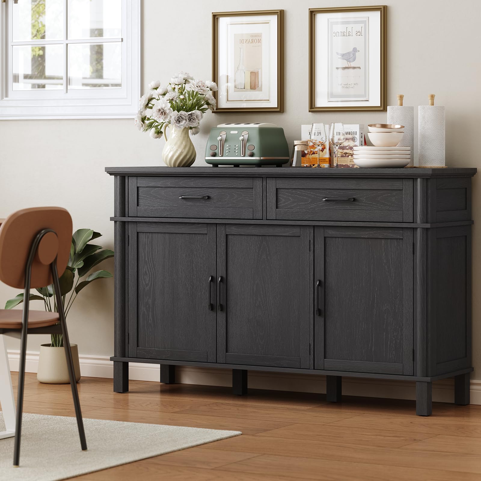 ONBRILL 48 Inches Buffet Cabinet with Storage, Farmhouse Sideboard Buffet w/2 Drawers and 3 Doors, Wood Coffee Bar Cabinet with Adjustable Shelves, Sideboard Storage for Kitchen, Living Room, Black