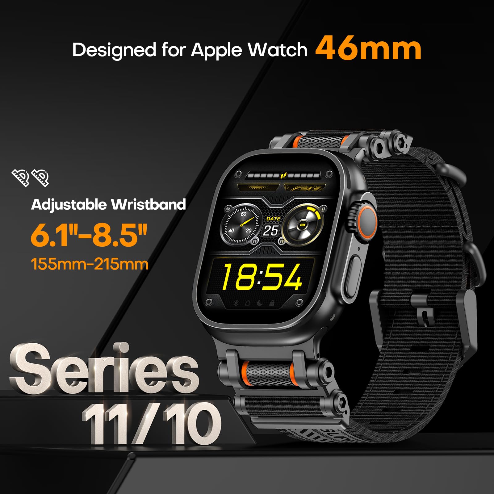 TAURI Nylon for Apple Watch Bands SE/Series 9/8/7/6/5/4 44/45mm, Rugged Nylon Braided Strap & Stainless Steel Connector – iWatch 44mm/45mm Adjustable Woven Band for Men Women, All Black