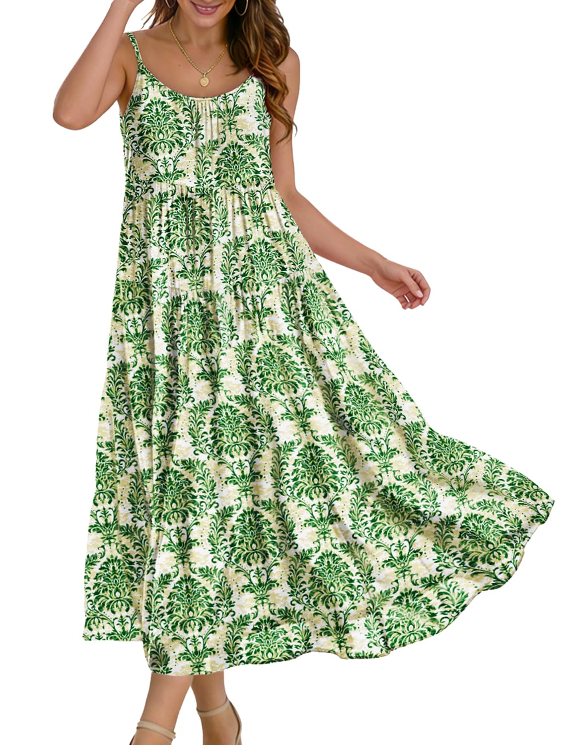 YESNO Summer Bohemian Floral Dresses for Women Spaghetti Straps Maxi Dress Casual Flowy Dresses with Pockets ES0
