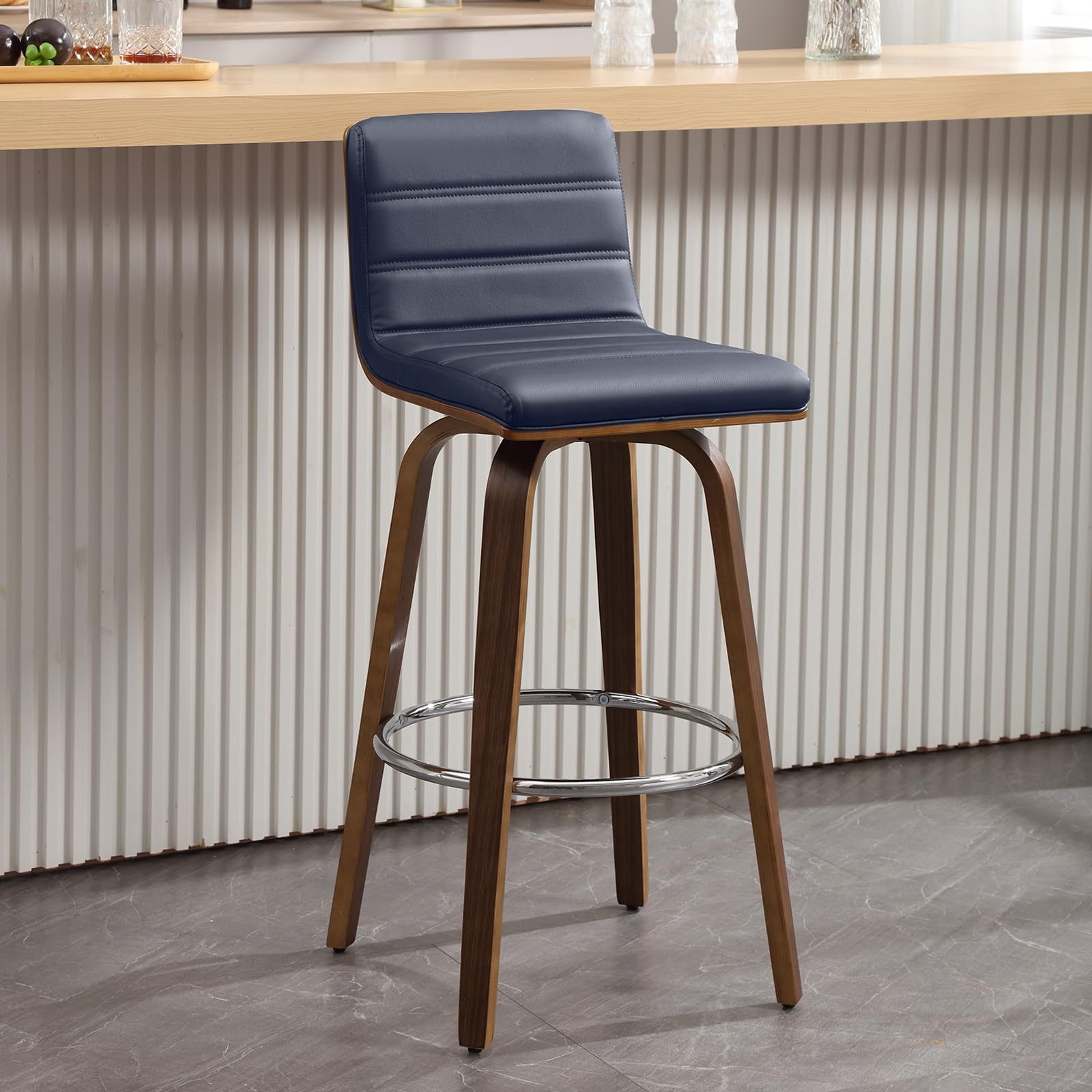 Bar Stools 29 Inch Bar Height, Swivel Bar Stools with Backs Upholstered PU Leather Barstool, L Shape Back and Padded Seat, Mid-Century Modern Bar Stool Pub Chairs for Kitchen Counter Island, Black