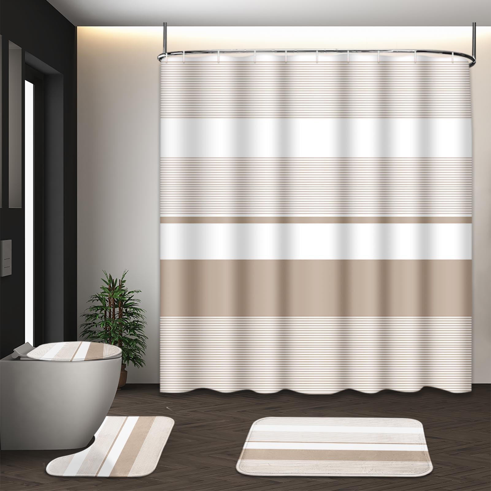 Beige Geometric Shower Curtain Set with Toilet Lid Cover and Non-Slip Rugs for Bathroom, Black Grey White Checkered 4 Pcs Shower Curtain, Modern Abstract Bathroom Set with 12 Hooks