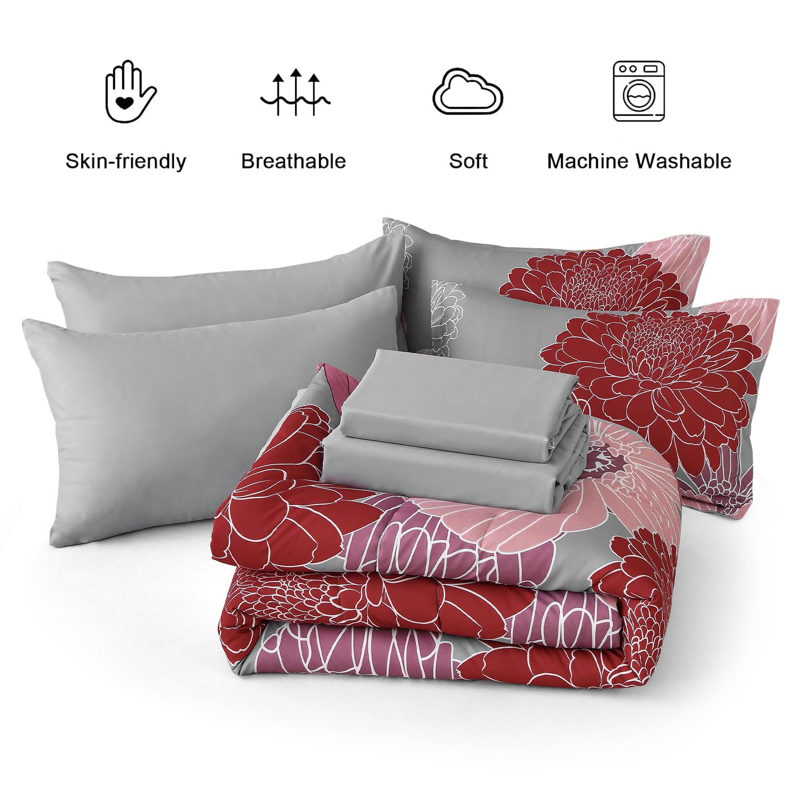Yiran 7 Pieces Bed in a Bag Blue Floral Comforter Set Queen Size Flowers Comforter Set Soft Microfiber Bedding Set (1 Comforter 1 Flat Sheet 1 Fitted Sheet 2 Pillowshams 2 Pillowcases)