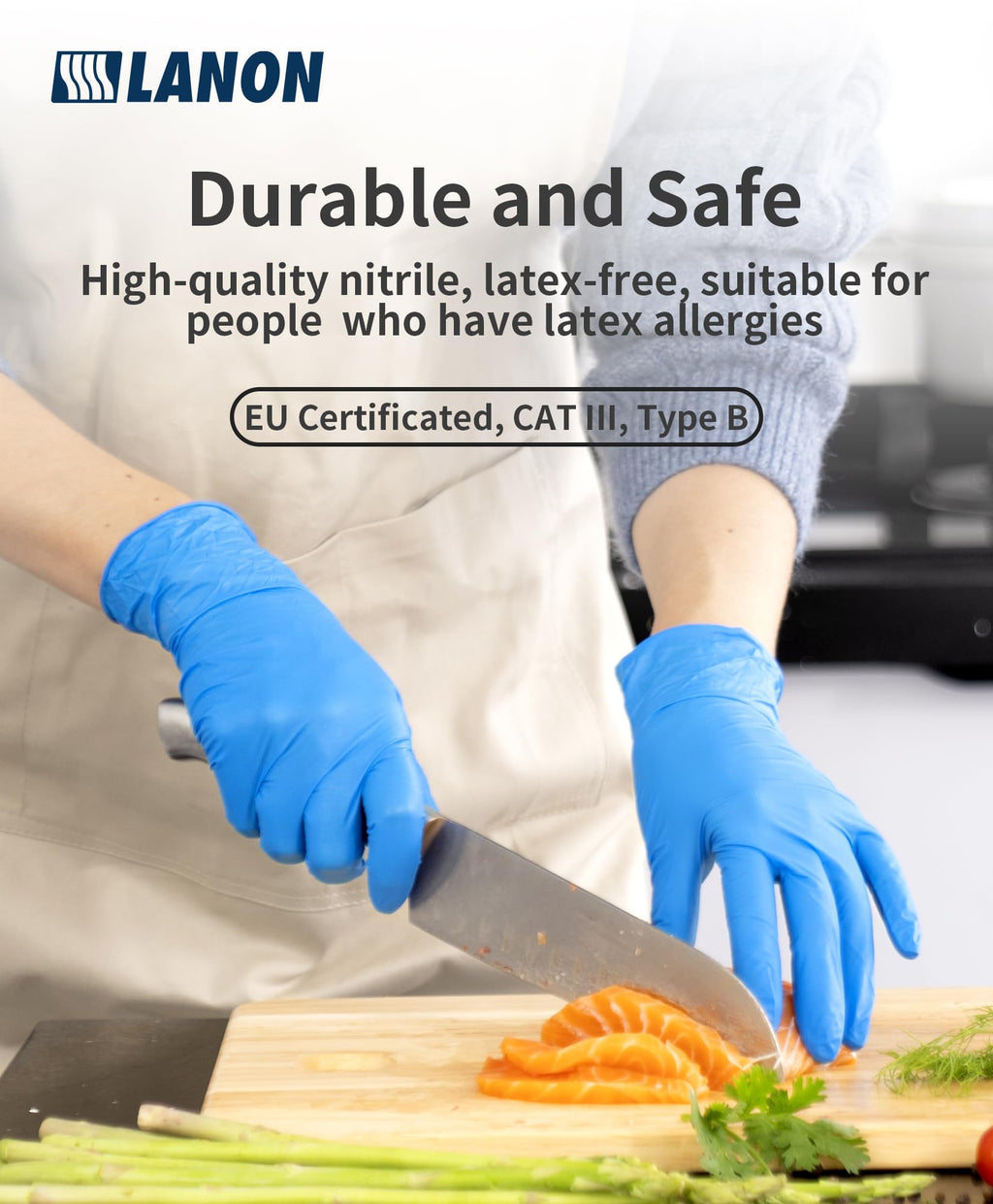 LANON Disposable Nitrile Gloves, Silicone-Free, Food-Safe, Chemical Resistant, Powder-Free, Textured Fingertips, Cooking, Cleaning, Blue, Small