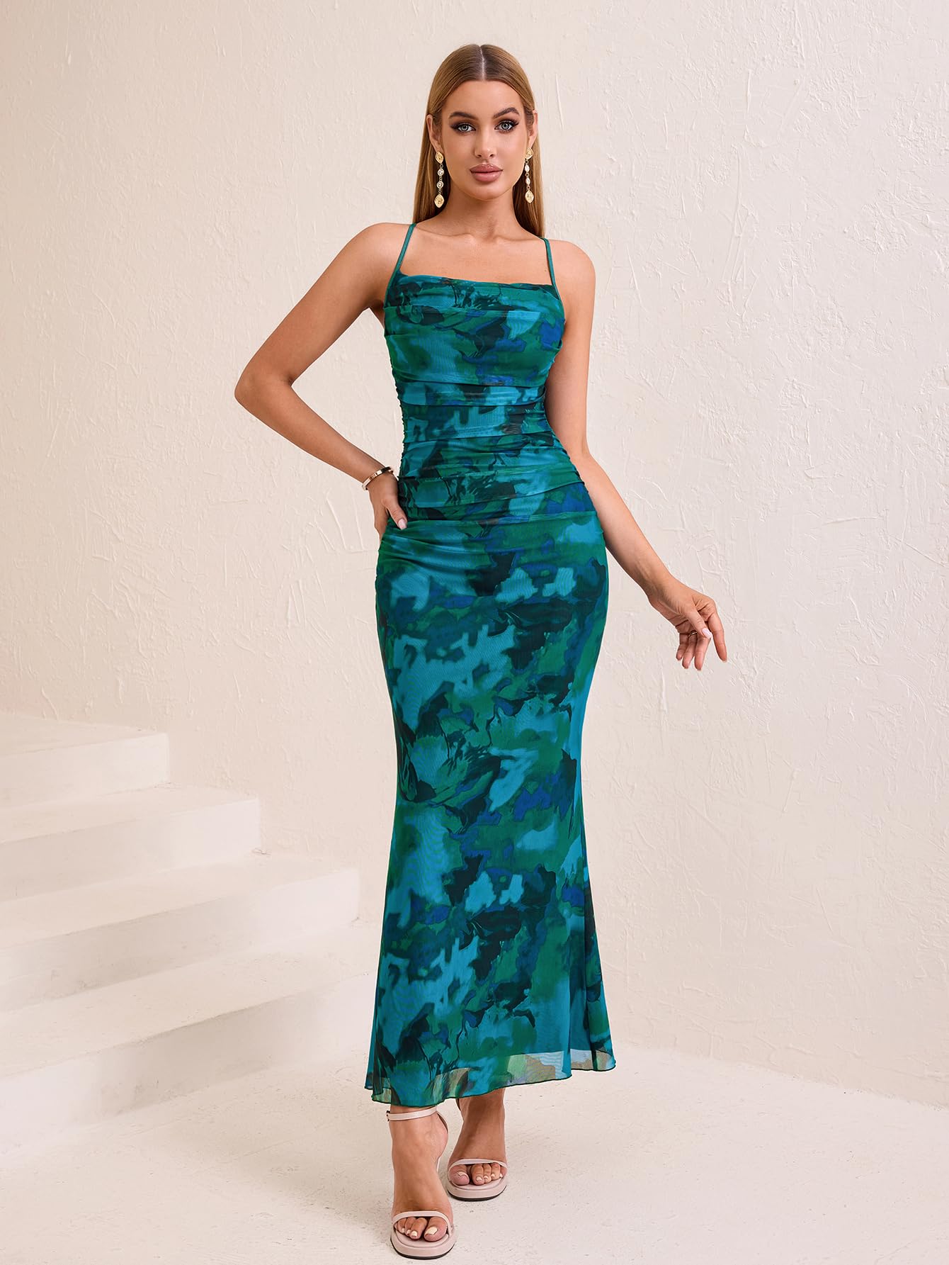 URYIAO Women's Summer 2026 Floral Spaghetti Strap Maxi Dress Sleeveless Ruched Mesh Bodycon Long Wedding Guest Dresses