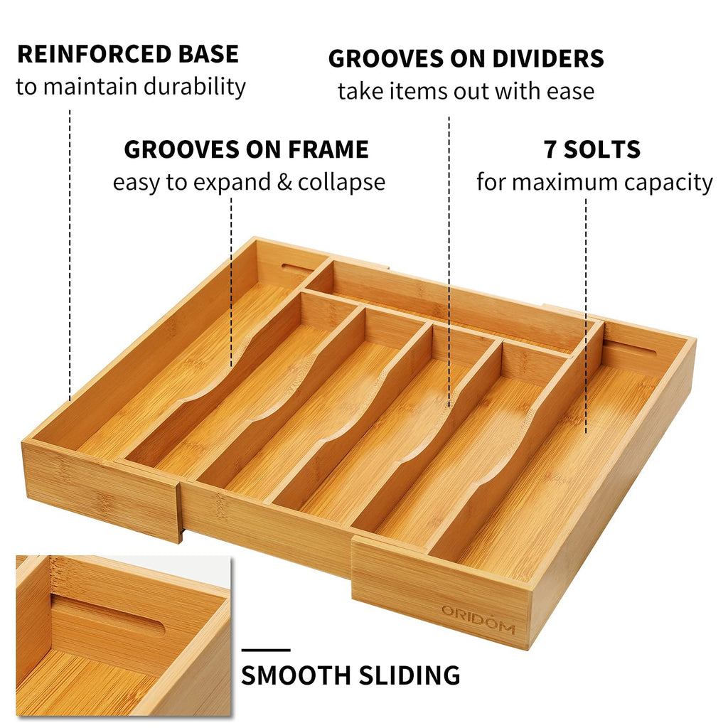 Expandable Acacia Kitchen Drawer Organizer for Cutlery and Utensils, Adjustable Acacia Wood Cutlery Tray in Drawer for Flatware and Silverware in Kitchen